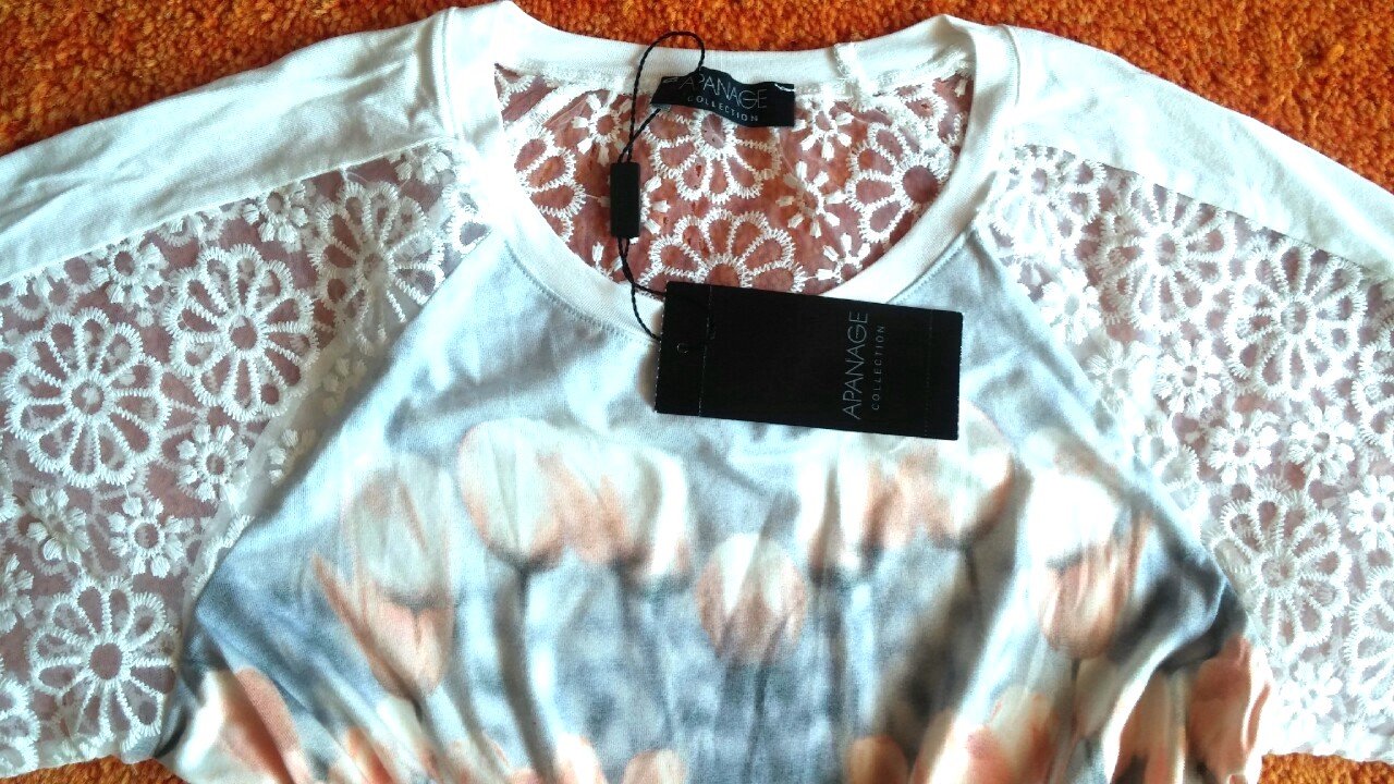 NEU Damen Shirt aus Jersey mit Spitze Gr.36 Naturweiß/Bunt Apanage P.69,95€ 
