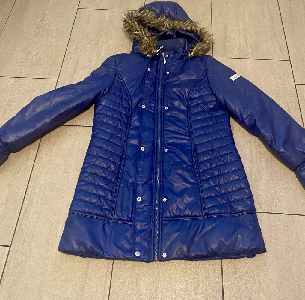 Damen Jacke Winter Steppmantel Gr.38 in Blau von Pfeffinger abnehmbare Kapuze mit Fellbesatz