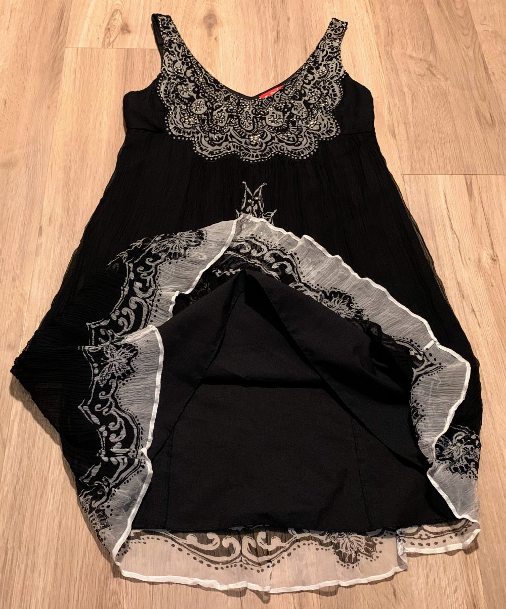 Damen Kleid Sommer mit Trägern Empire-Stil Gr.S Schwarz/Creme gemustert Derhy 