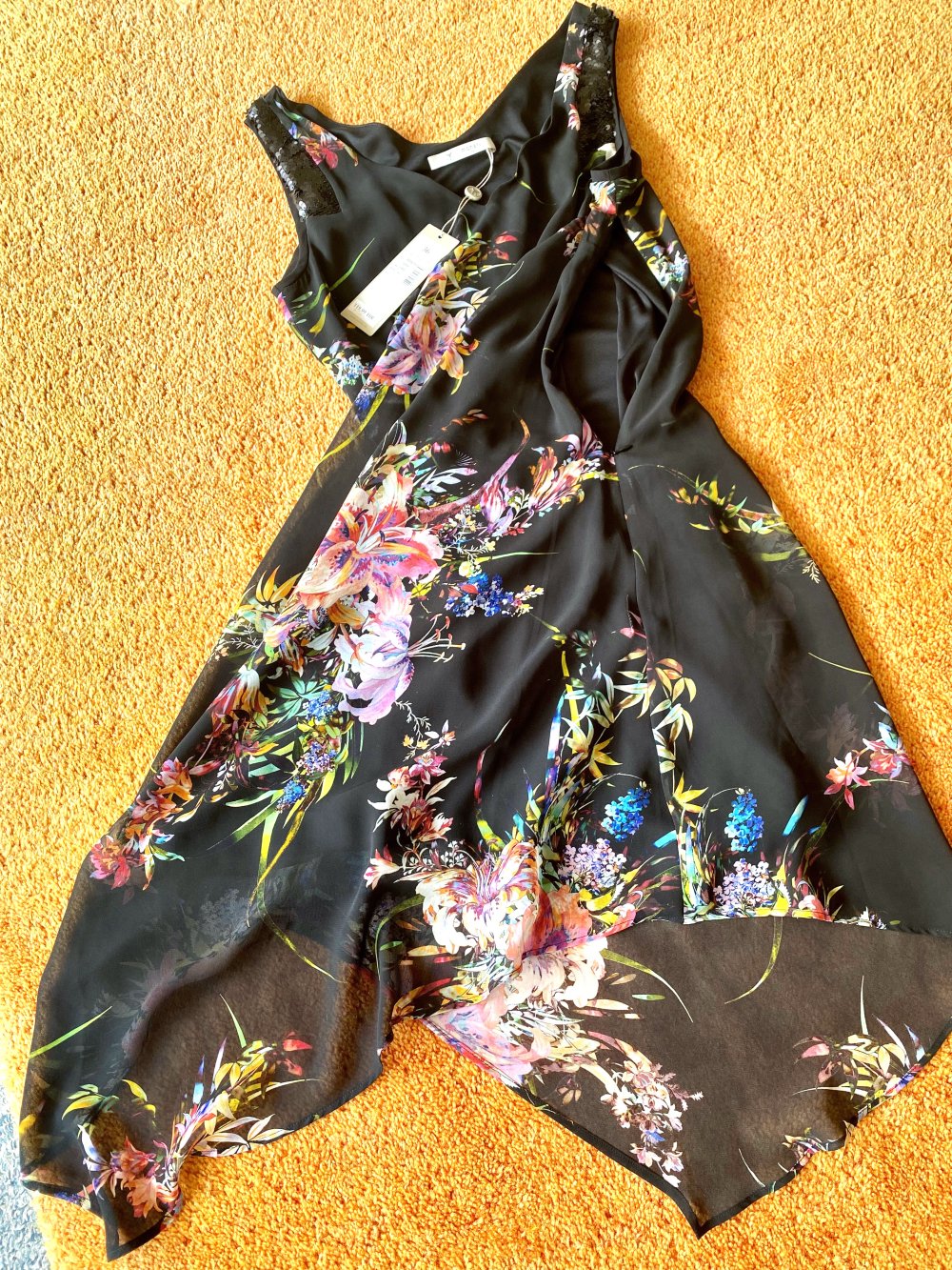 NEU Damen Sommer Kleid mit Trägern Gr.36 Zipfelig Schwarz/Bunt von Monari P.119,99€