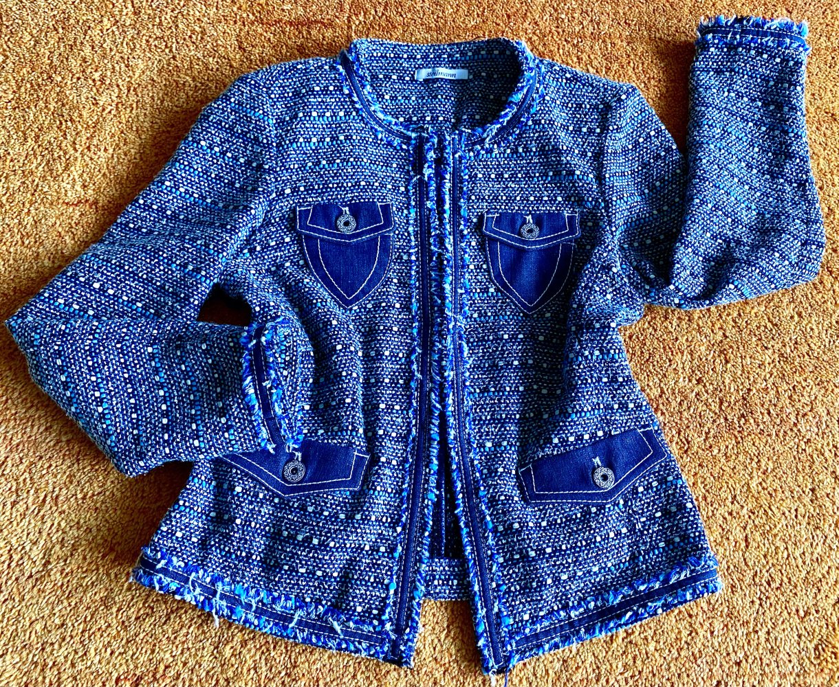 Damen Jacke Blazer Bouclé Fransenjacke Gr.38 Blau/Weiß von Steilmann NW