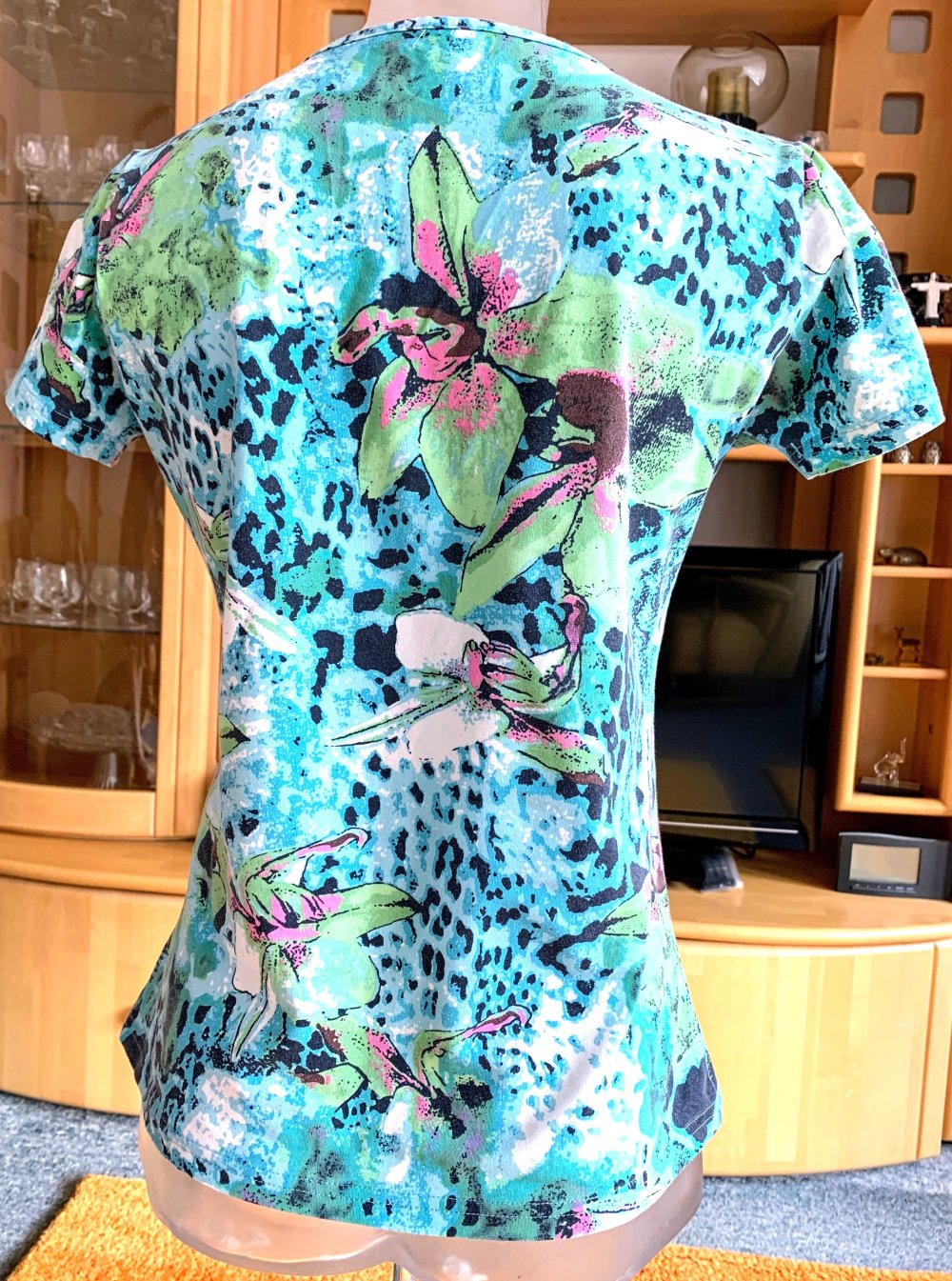 Damen Shirt Gr.36 Bunt gemustert mit Pailletten Blumenprint Romantisch