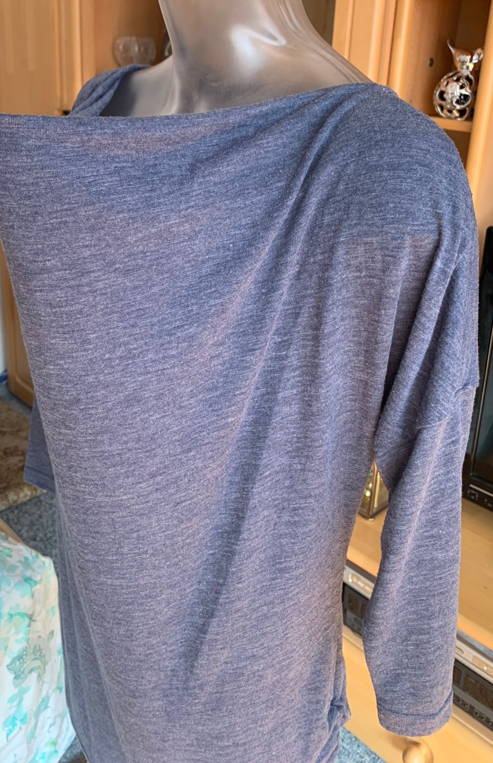 Damen Tunika Jersey Shirt Gr.M mit Wasserfallkragen & Fledermausärmeln Blaugrau von Fresh Made 