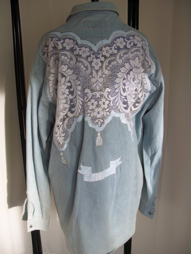 Festliche Jeansbluse Spitze Einzelstück