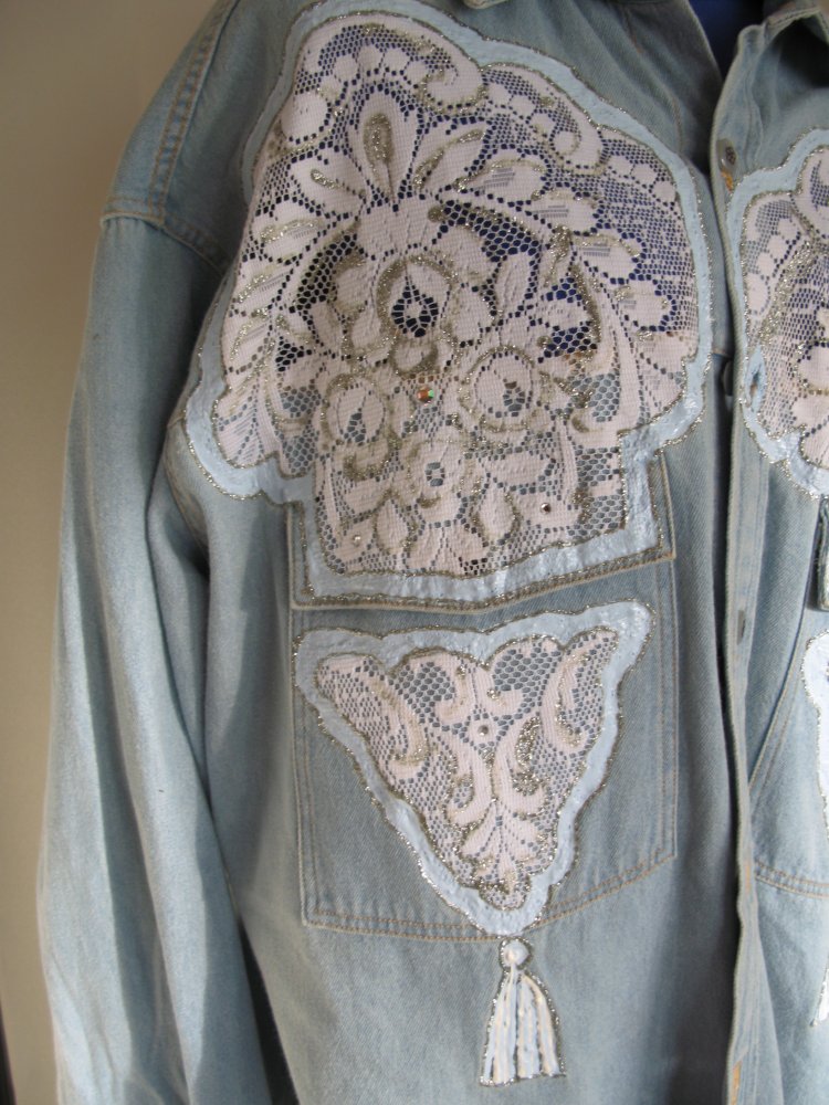 Festliche Jeansbluse Spitze Einzelstück