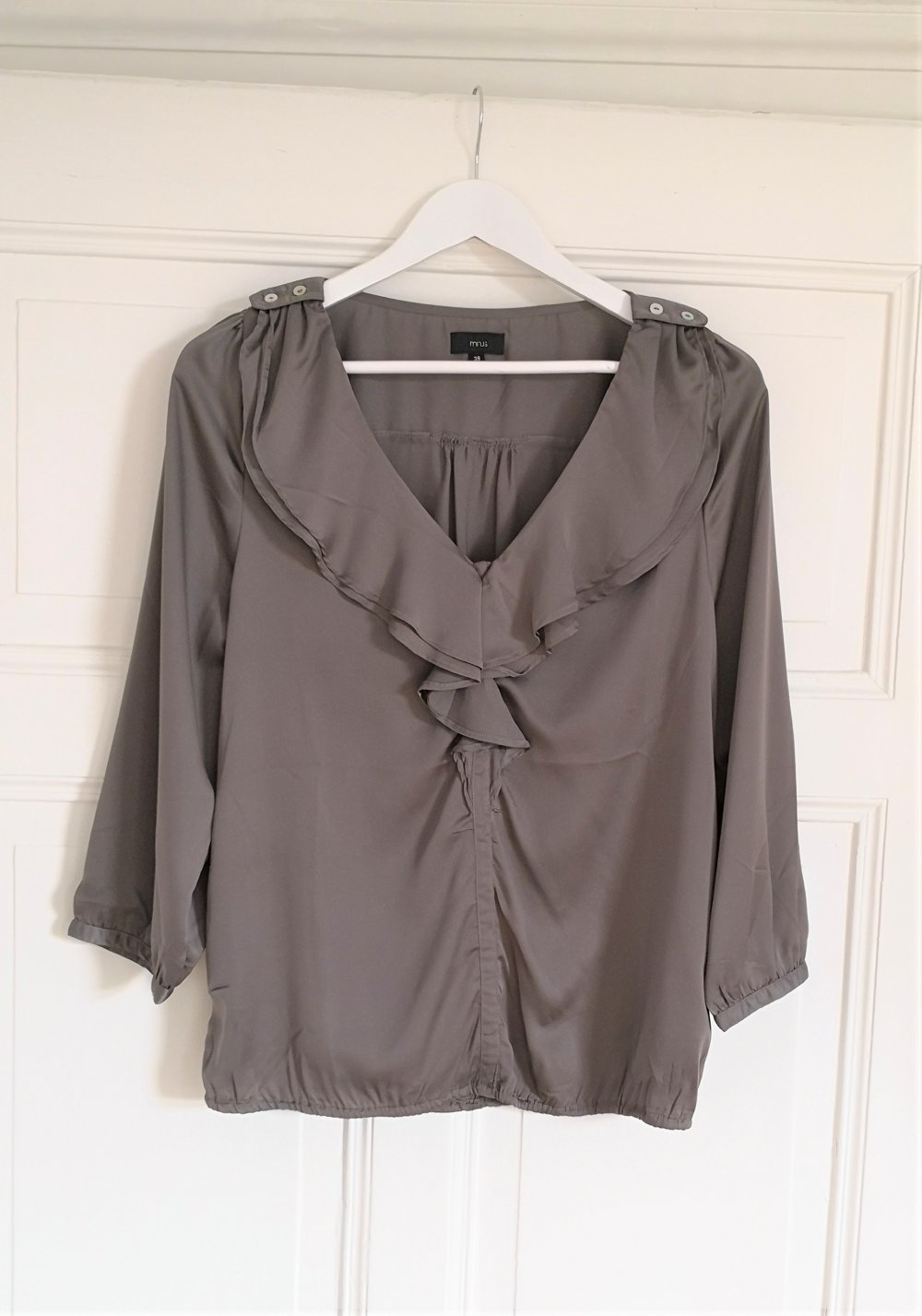 edle Tunika-Bluse von Minus mit Rüschen, Gr. 38, dunkel-grau, wie neu