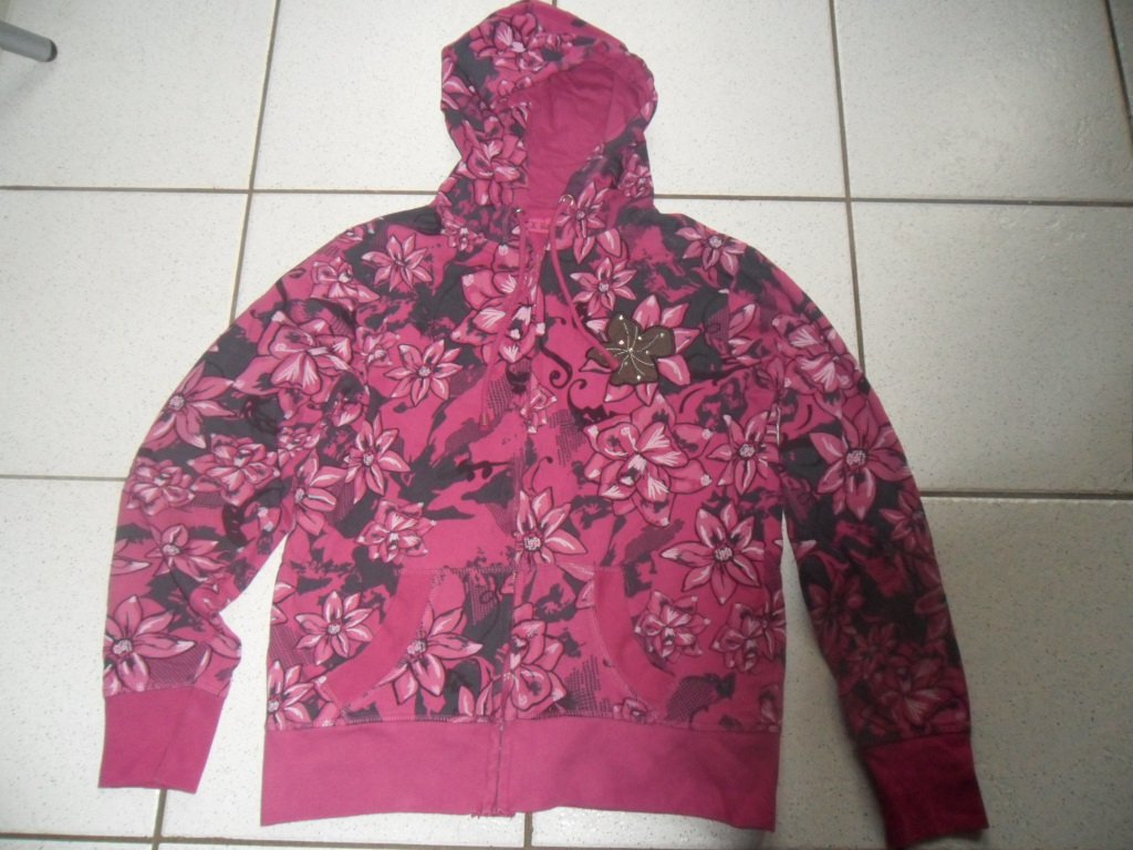 Pink, schwarze Blumen - Kapuzenjacke Swaetjacke Gr. M