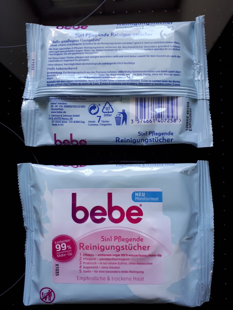 1 Packung Bebe 5 in 1 pflegende Reinigungstücher Miniformat, siehe Foto,