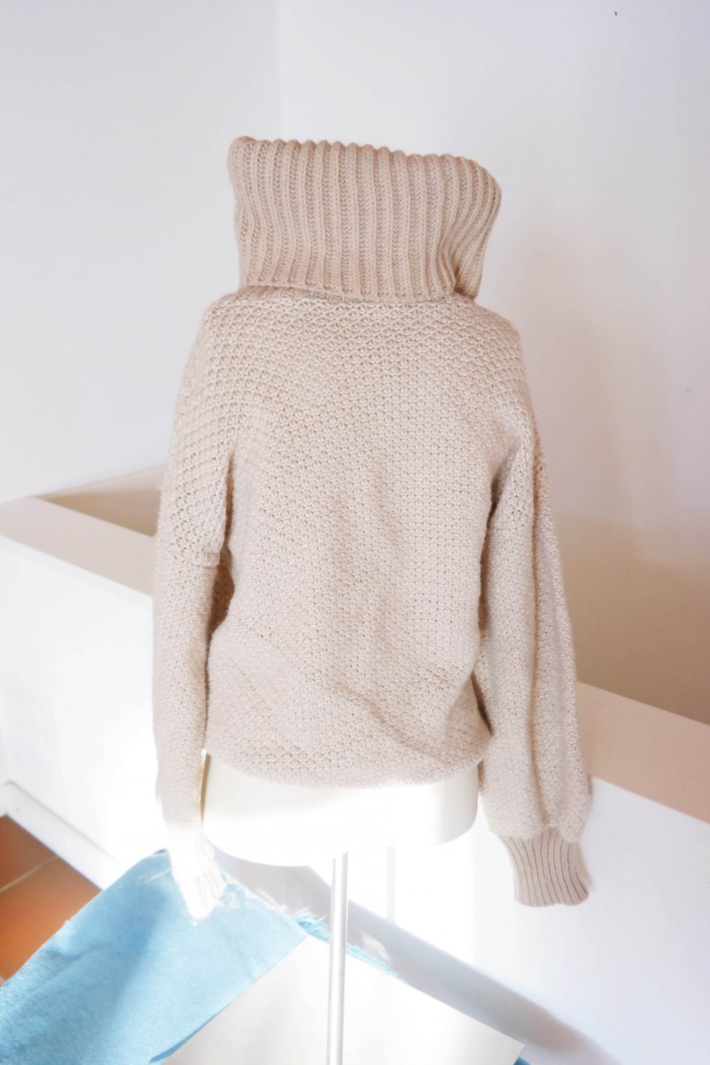 Vintage Chunky Grobstrick Pullover Wolle Wollpullover oversized Riesenkragen creme L 40