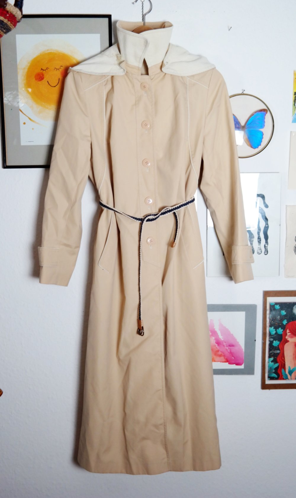 Vintage Mantel Trenchcoat Kapuze Kapuzenmantel Herbstmantel M L 38 40 Cord beige weiß