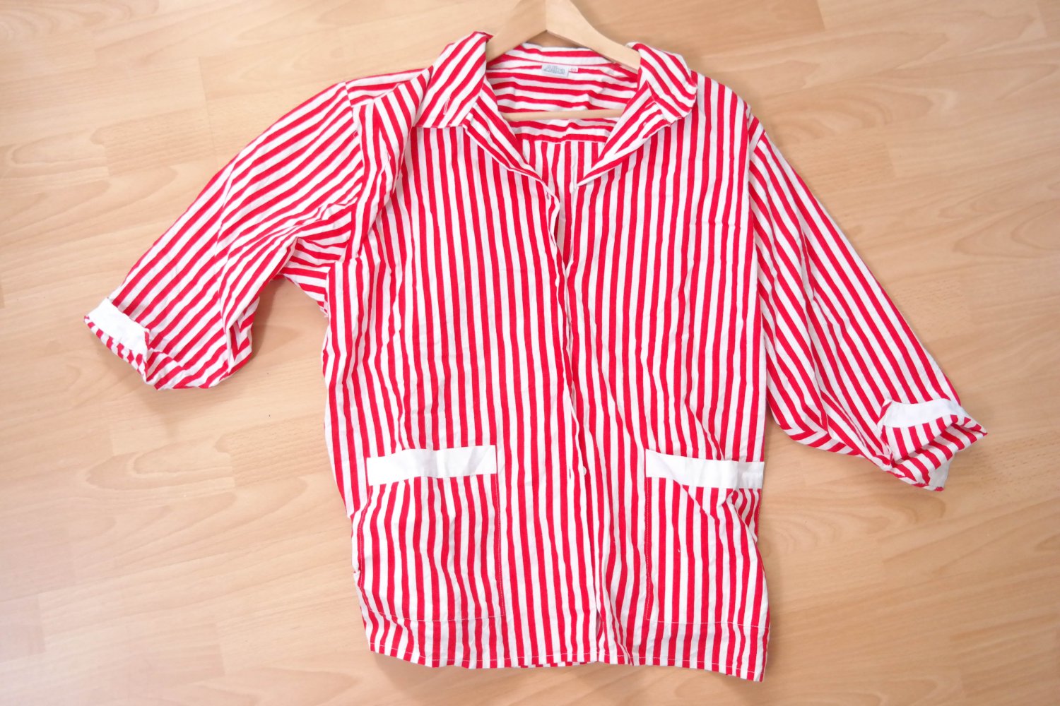 Vintage Alba Moda Bluse Streifen gestreift rot weiß Taschen Hemd Hemdbluse Cropped High Waist oversized XL 42 L 40