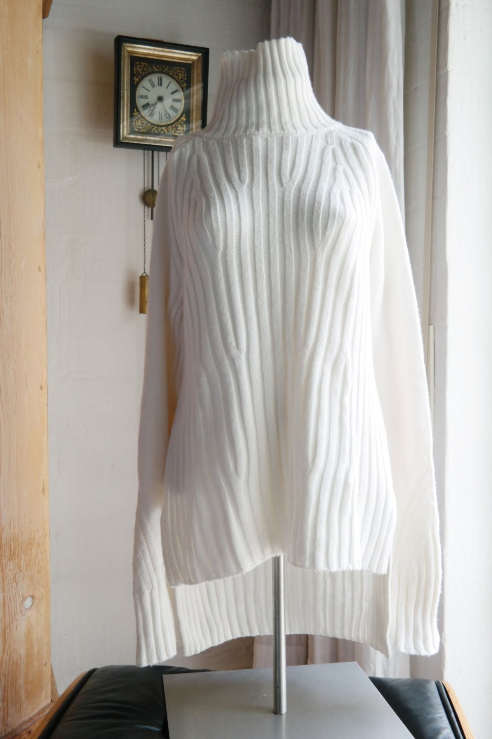 Longpullover weiß Strickpullover Muster Strickkleid Minikeid Rollkragen M 38 L 40