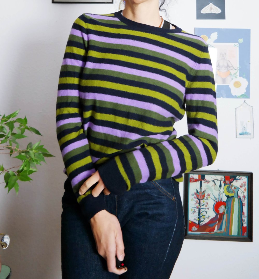 Kuscheliger Hessnatur Wollpullover 100% Schurwolle Streifen gestreift Hess Natur bunt Wolle grün lila schwarz L 40 M 38 Biologisch