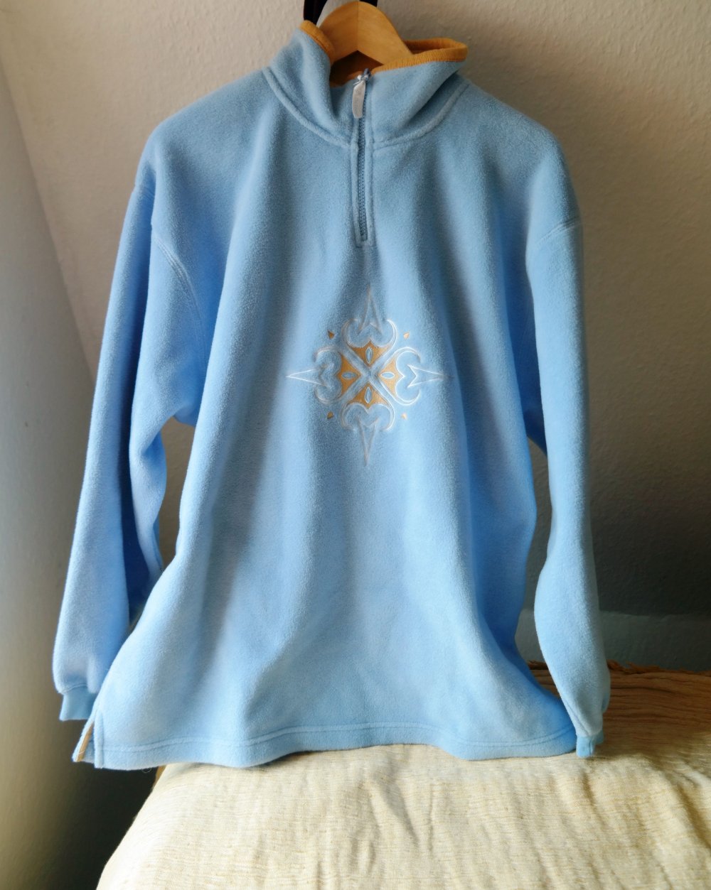 Vintage Fleecepullover Pullover Sweater Sweatshirt Tribal Mandala hellblau weich kuschelig Stickerei bestickt XL 42