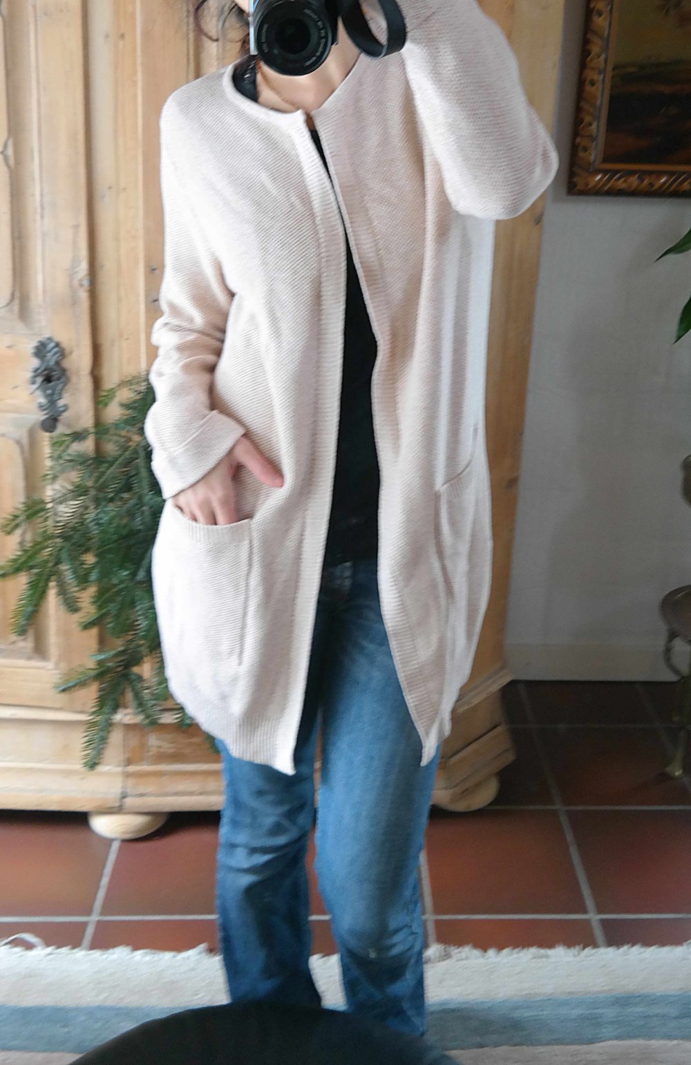 Longcardigan Strickjacke Cardigan lang Taschen beige sand M oversized L 38 40