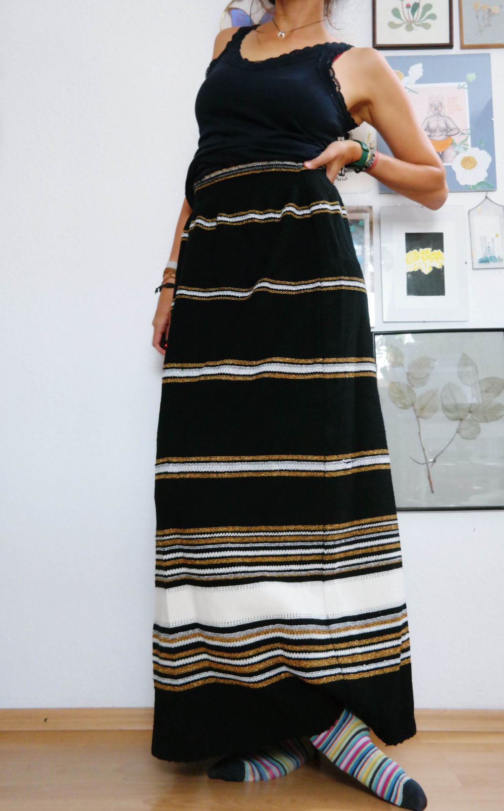 Vintage Maxirock Winterrock Stiefelrock Unikat Einzelstück M L 38 40 Stretch schwarz gold weiß Streifen