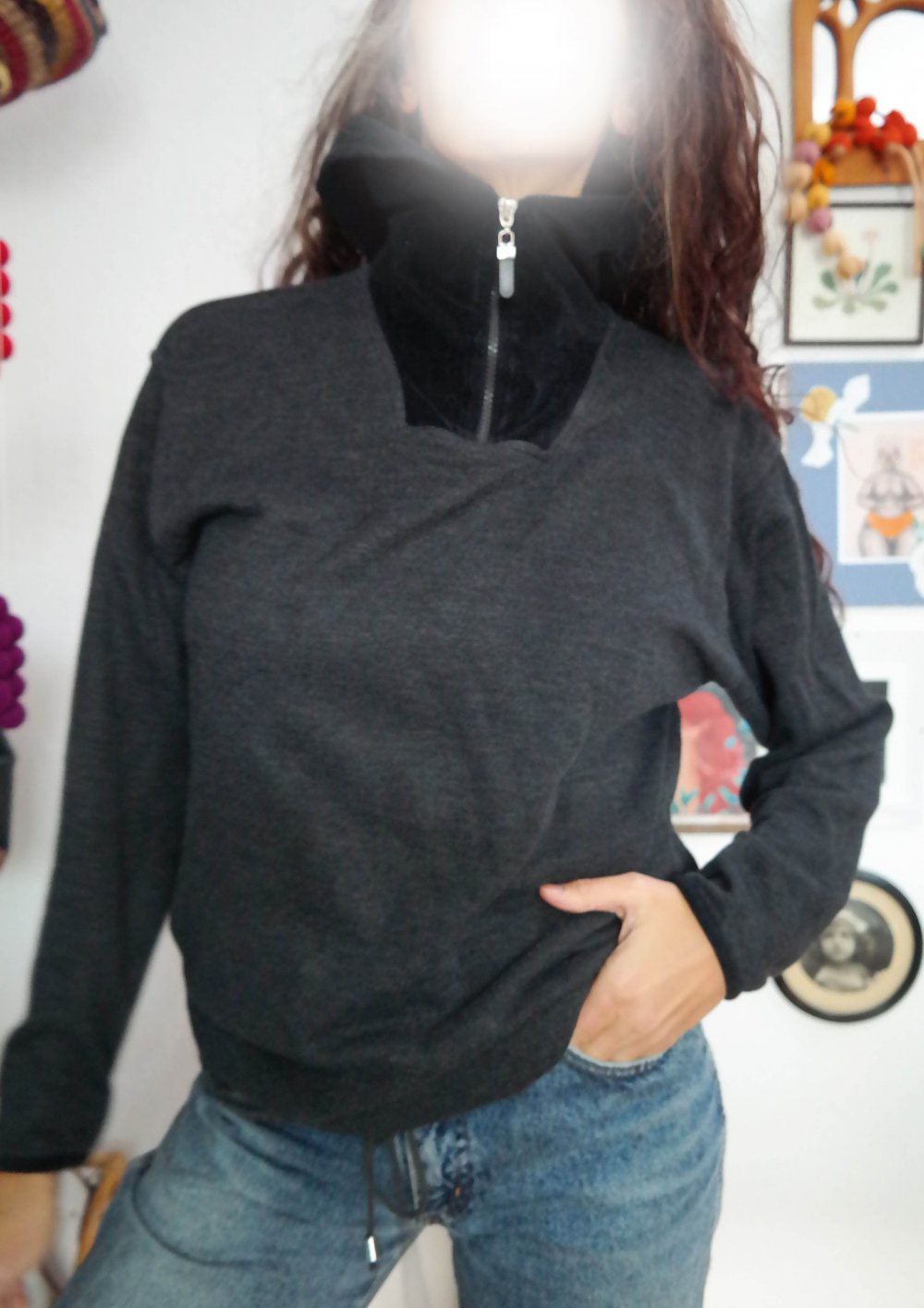 Original Vintage 90er Pullover schwarz Samt Sweatshirt Rollkragen Zipper Sweater M L 38 40 Pannesamt Kapuze Hoodie Hoody Kapuzenpullover