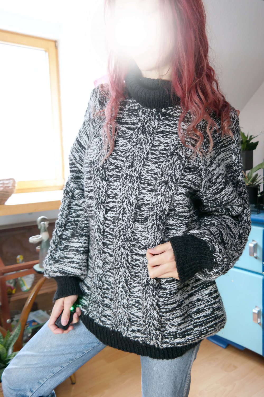 Handmade Chunky Grobstrick Pullover Strickpullover Zopfmuster Rollkragen schwarz weiß meliert XL oversized Wolle