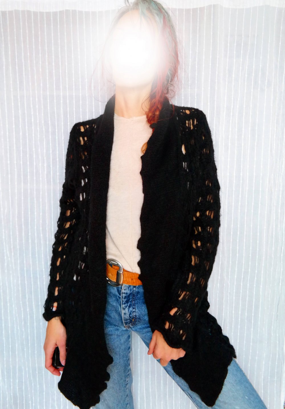 Mohair Cardigan Strickjacke schwarz Grobstrick Longjacke Wolle Wolljacke M 38