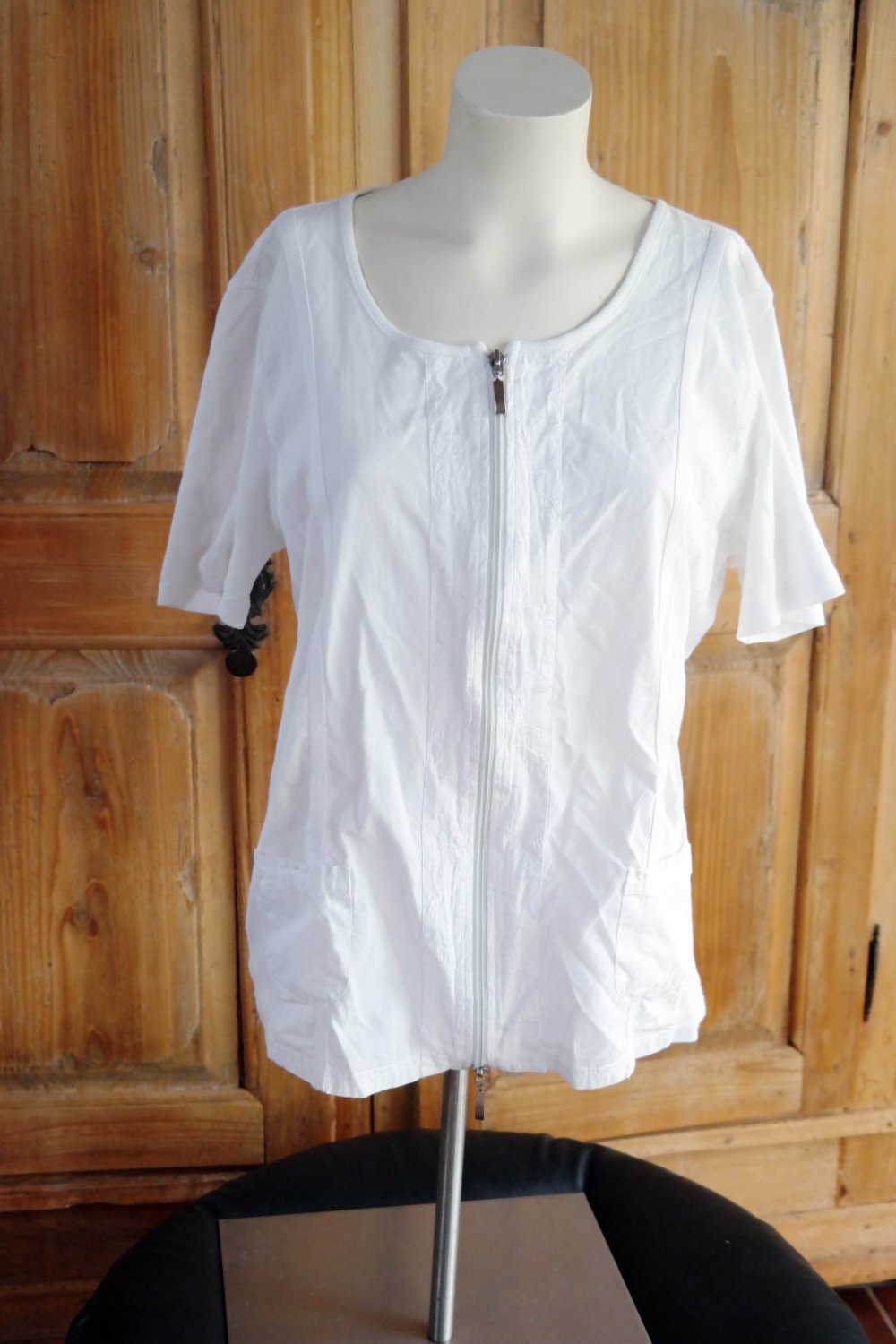 Shirt Hemd Reißverschluss weiß Stickerei Taschen leger Biesen L 40 Sommer