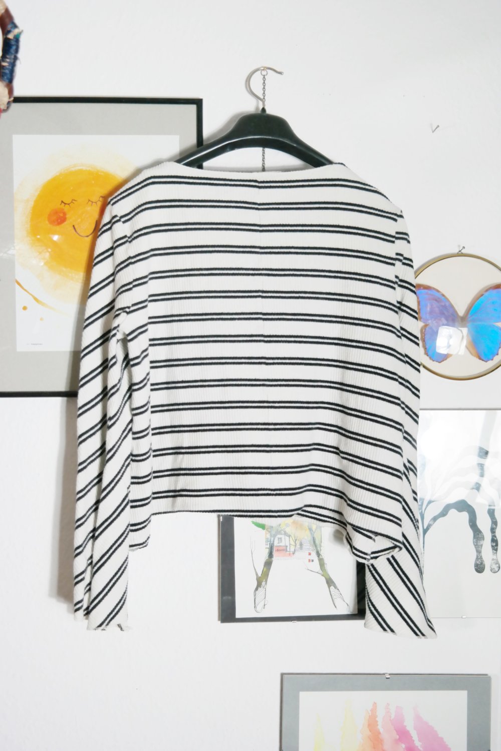 Mango Langarmshirt Pullover Schlagärmel Flügelärmel Hippie Streifen gestreift M 38 schwarz weiß