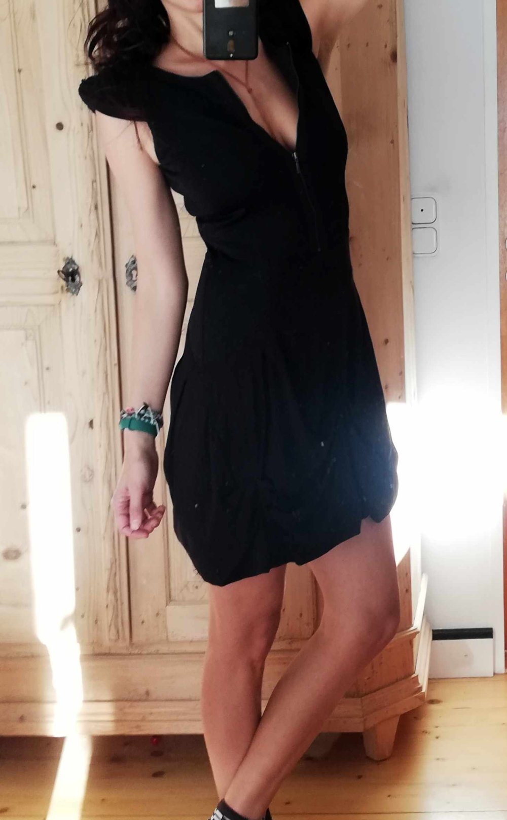 Biba Kleid Reißverschluss Ausschnitt variabel Raffung schwarz Cocktailkleid Flügelärmel XS 34 S 36 M 38