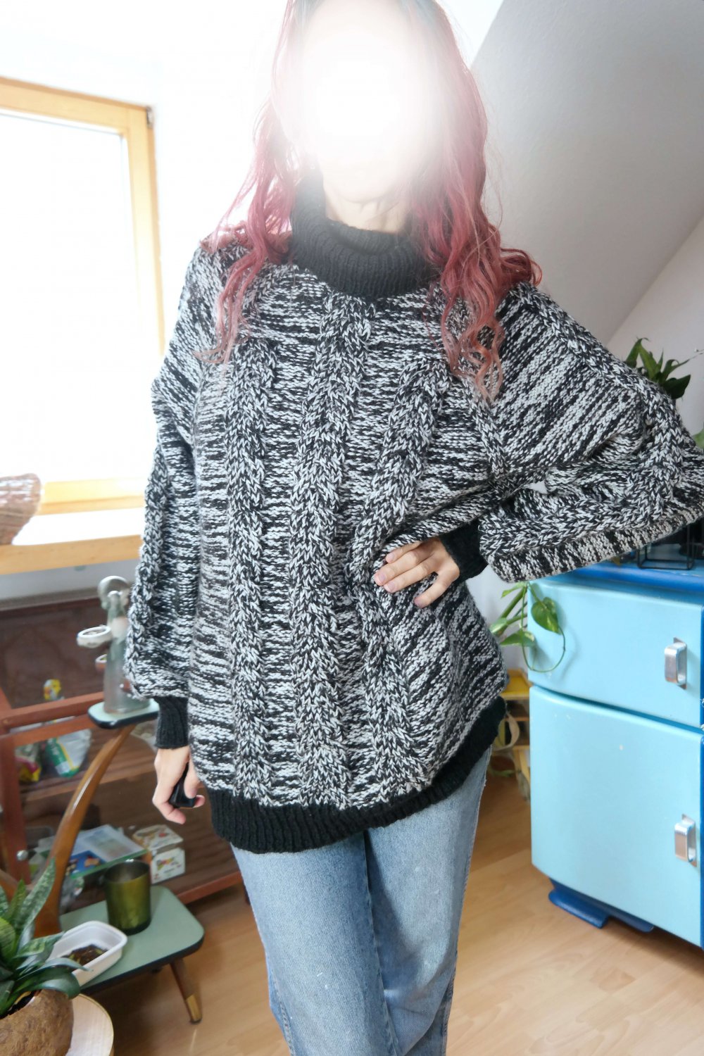 Handmade Chunky Grobstrick Pullover Strickpullover Zopfmuster Rollkragen schwarz weiß meliert XL oversized Wolle