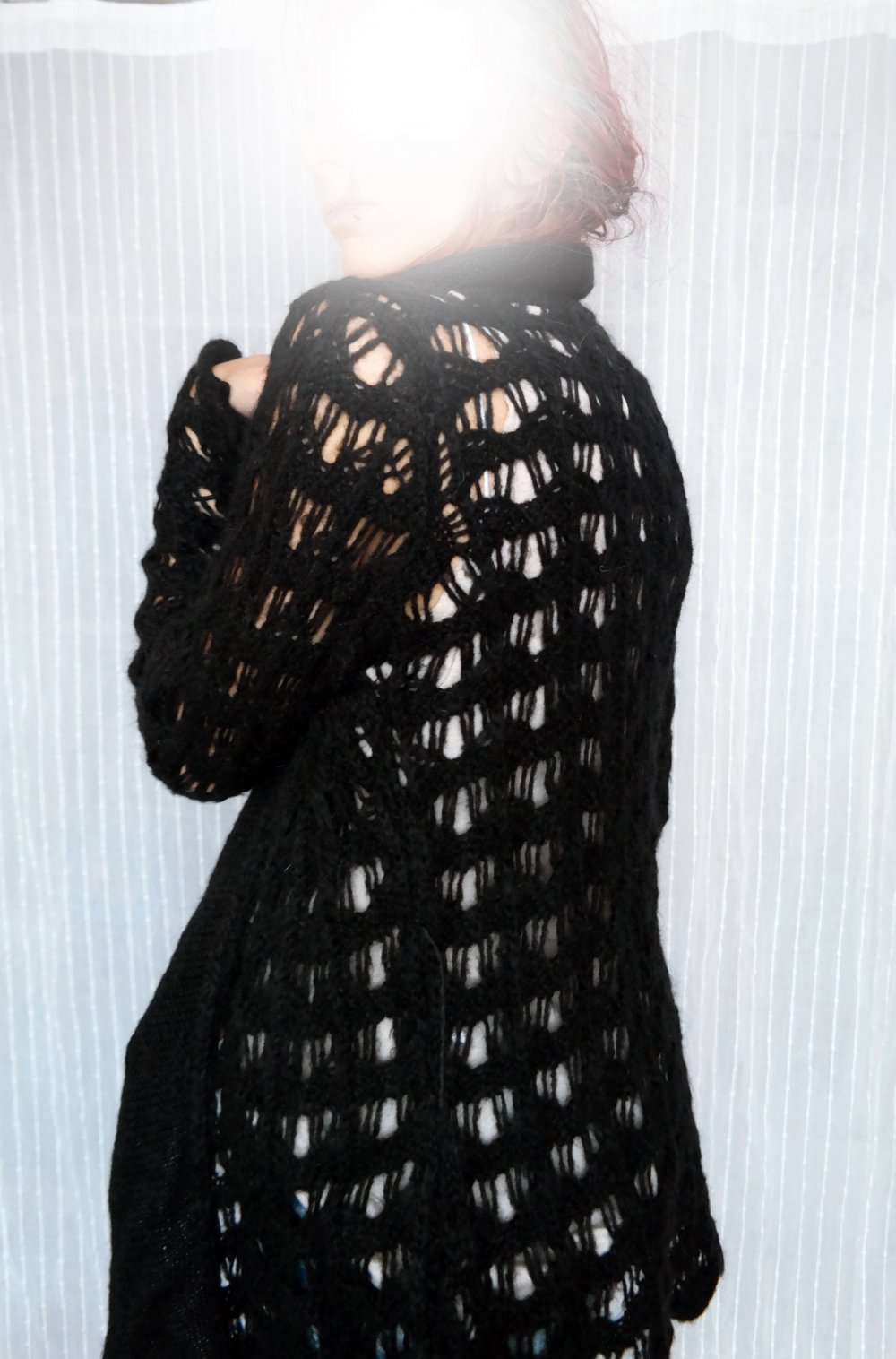 Mohair Cardigan Strickjacke schwarz Grobstrick Longjacke Wolle Wolljacke M 38