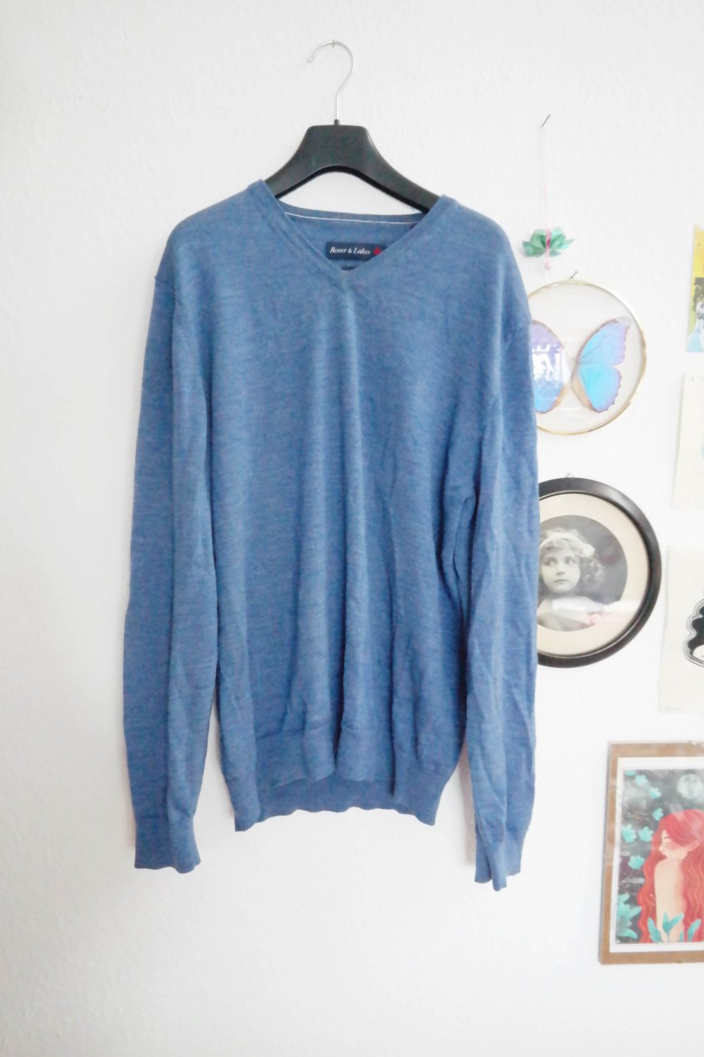 Rover & Lakes Pullover 100% Merino Wolle blau XL L V-Ausschnitt