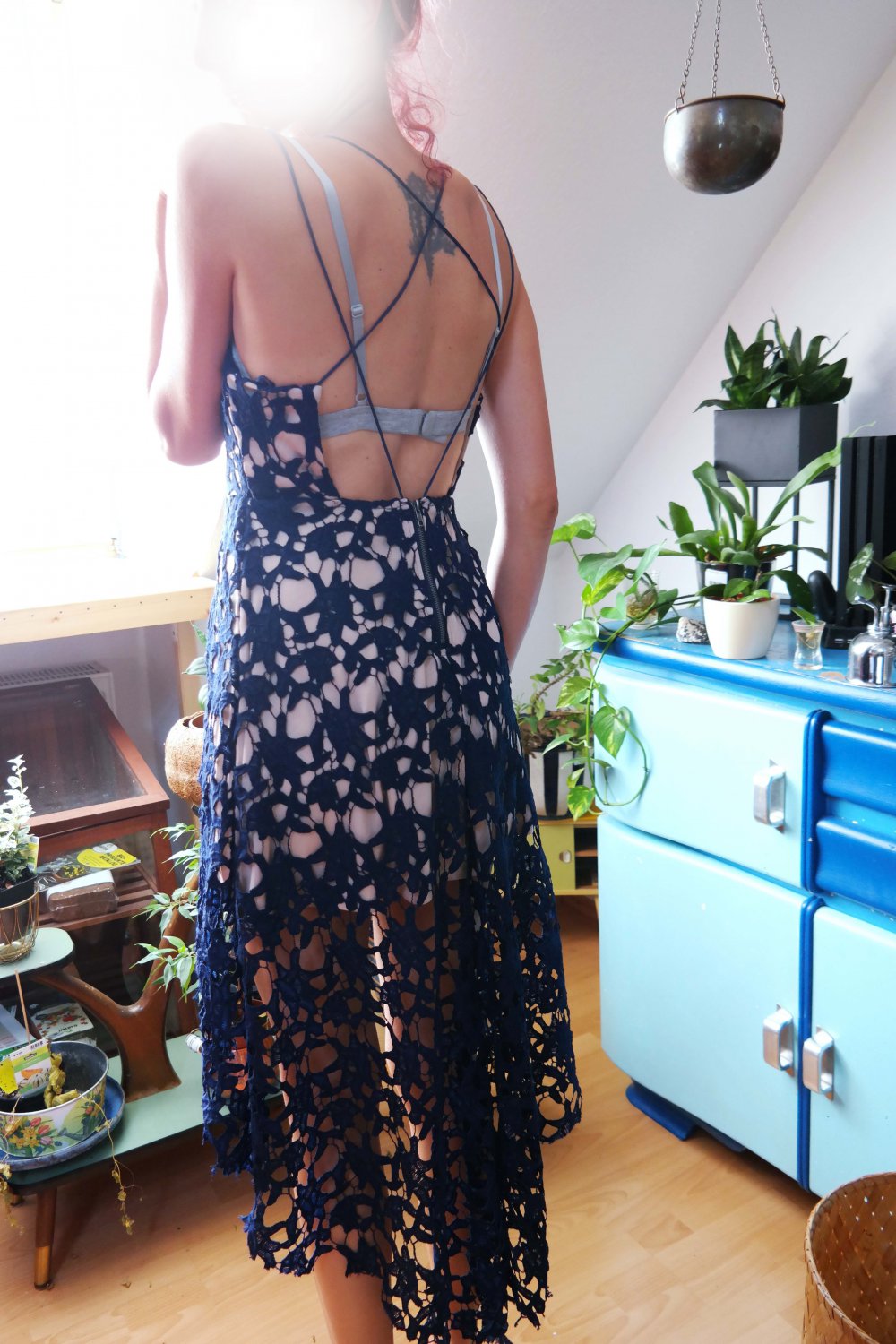 HighLow Kleid Spitzenkleid Abendkleid dunkelblau marine Spitze Blumen S M 36 38 Vokuhila