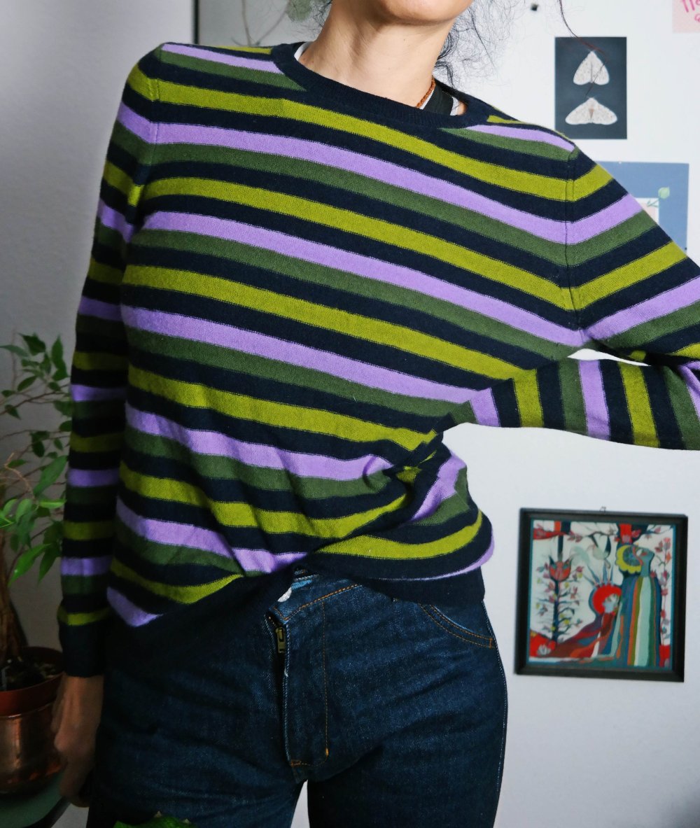 Kuscheliger Hessnatur Wollpullover 100% Schurwolle Streifen gestreift Hess Natur bunt Wolle grün lila schwarz L 40 M 38 Biologisch