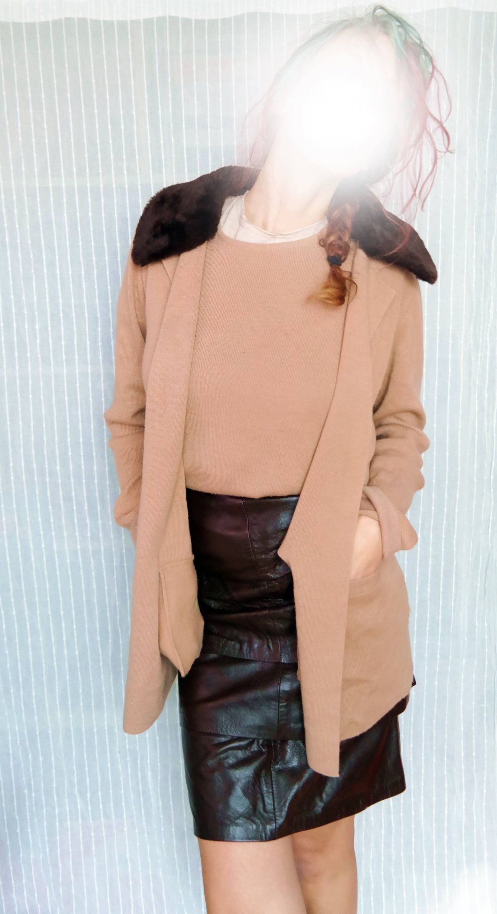 Madeleine Twinset Kostüm Wolle Schurwolle Fellkragen Teddyfell Cardigan Strickjacke braun S M 