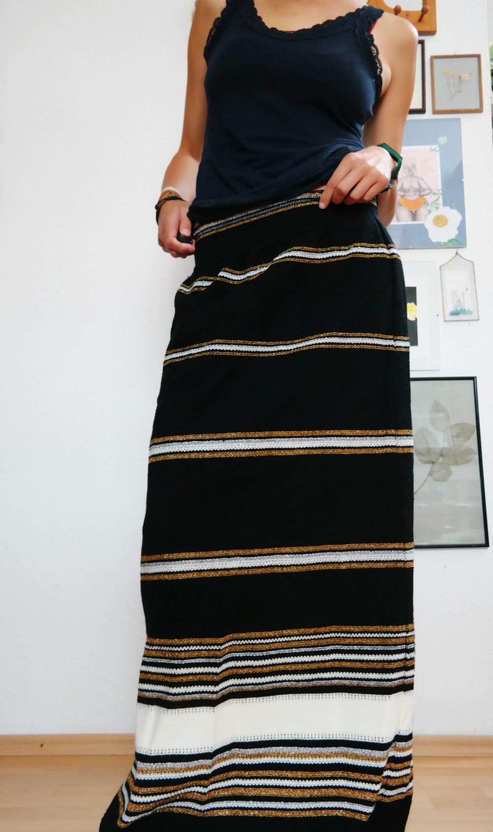 Vintage Maxirock Winterrock Stiefelrock Unikat Einzelstück M L 38 40 Stretch schwarz gold weiß Streifen