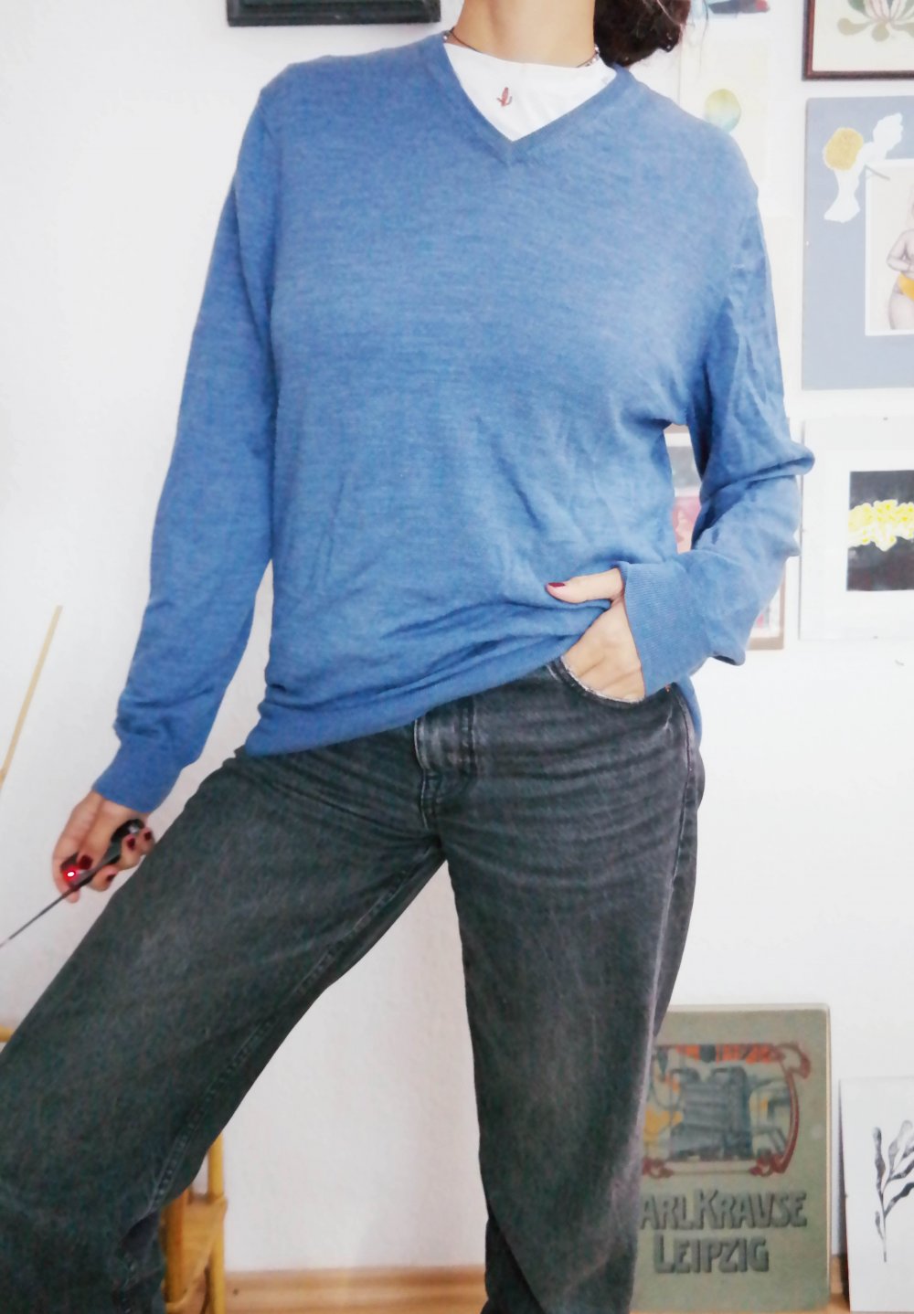 Rover & Lakes Pullover 100% Merino Wolle blau XL L V-Ausschnitt