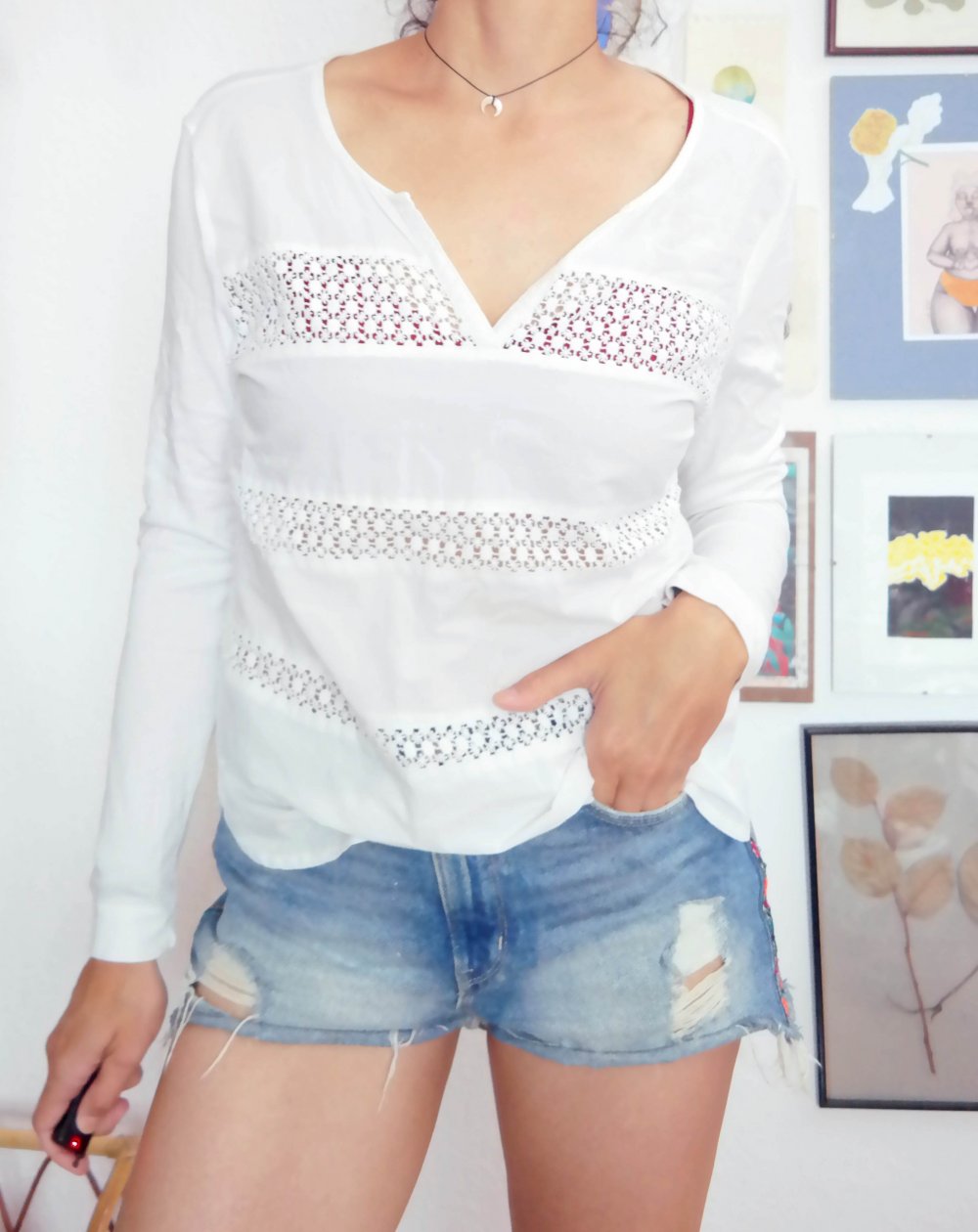 H&M LOGG Spitzenbluse Langarmshirt Spitzenshirt weiß Lochmuster M 38 L 40