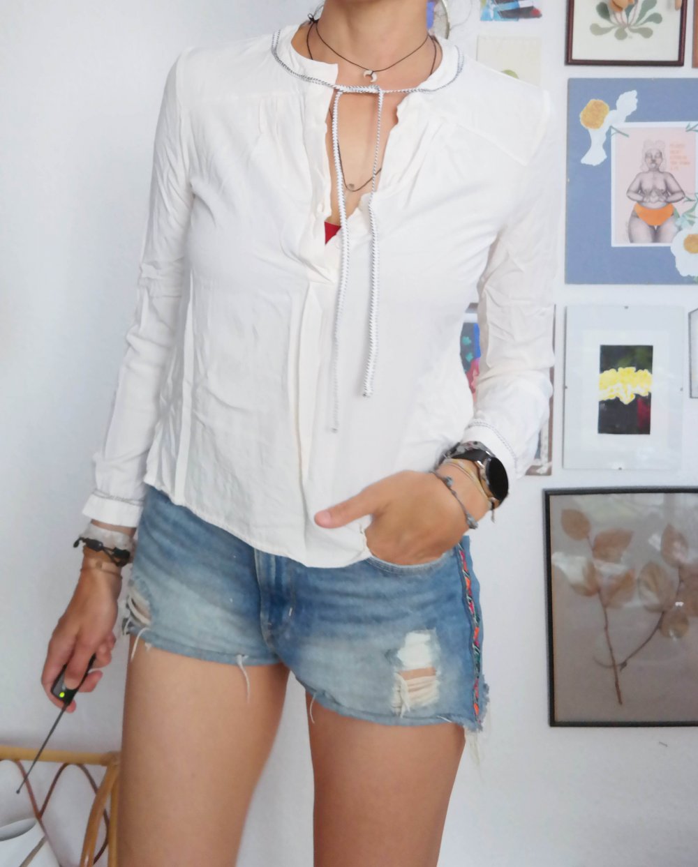 Tommy Hilfiger Bluse creme Langarm Hippie Stickerei Bändel 4 S 36 M 38