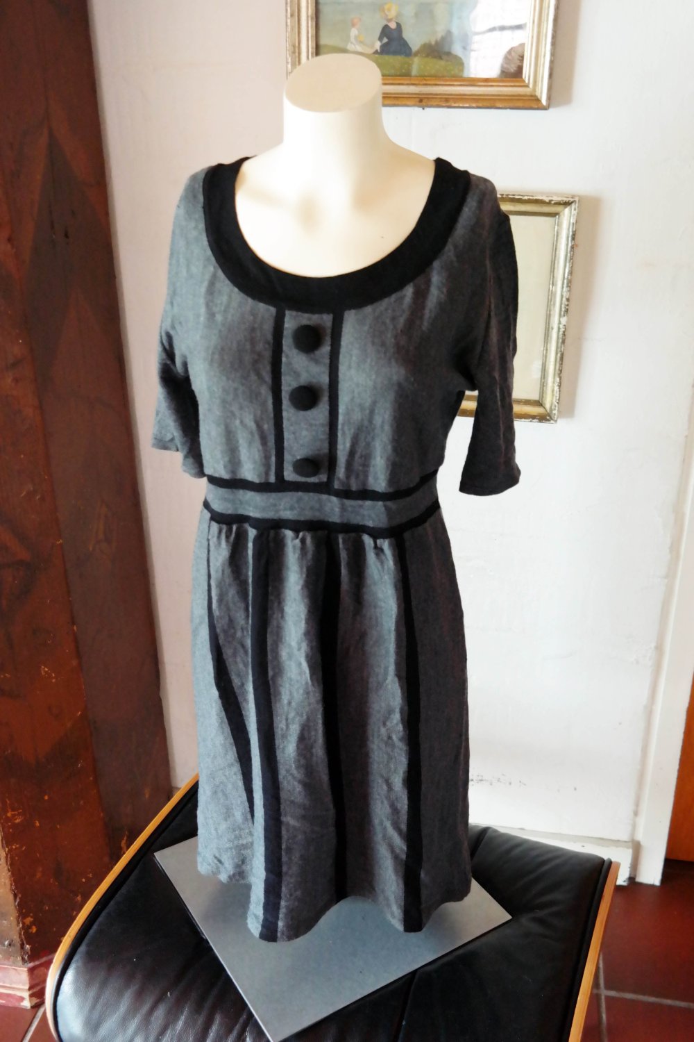 H&M Kleid grau schwarz Knöpfe Wolle Wollkleid Preppy Schoolgirl Lolita Kawaii S 36 M 38