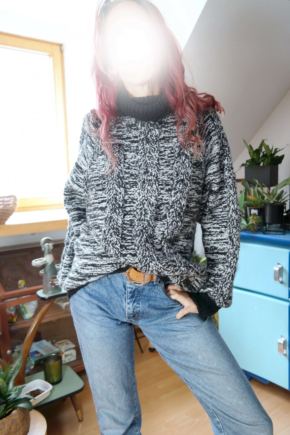 Handmade Chunky Grobstrick Pullover Strickpullover Zopfmuster Rollkragen schwarz weiß meliert XL oversized Wolle