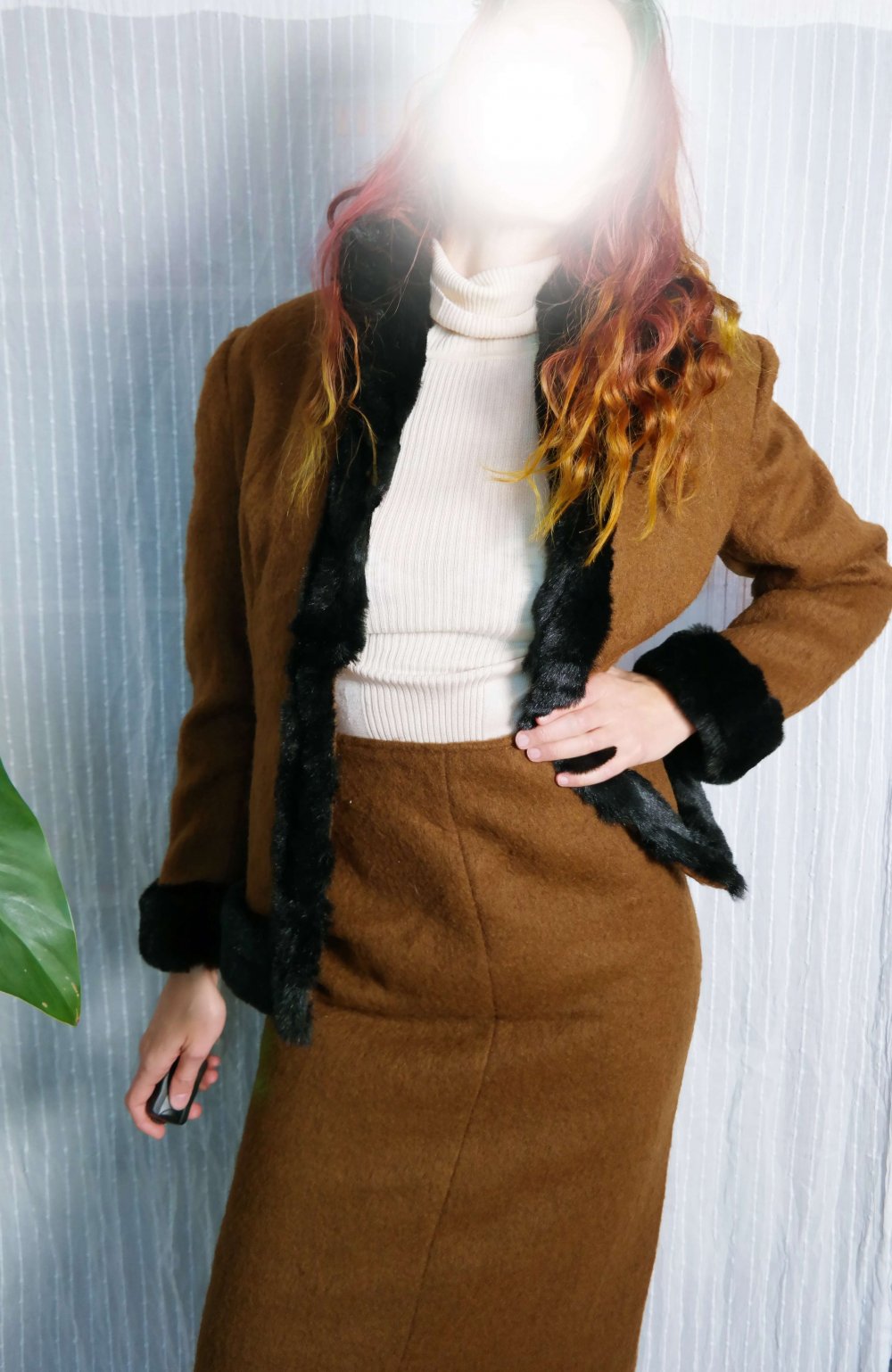 Einzelstück handmade Twinset Wolle Wolljacke Wollblazer Wollrock Blazer Rock edel elegant dunkelbraun schwarz Teddypelz Pelzkragen M 38