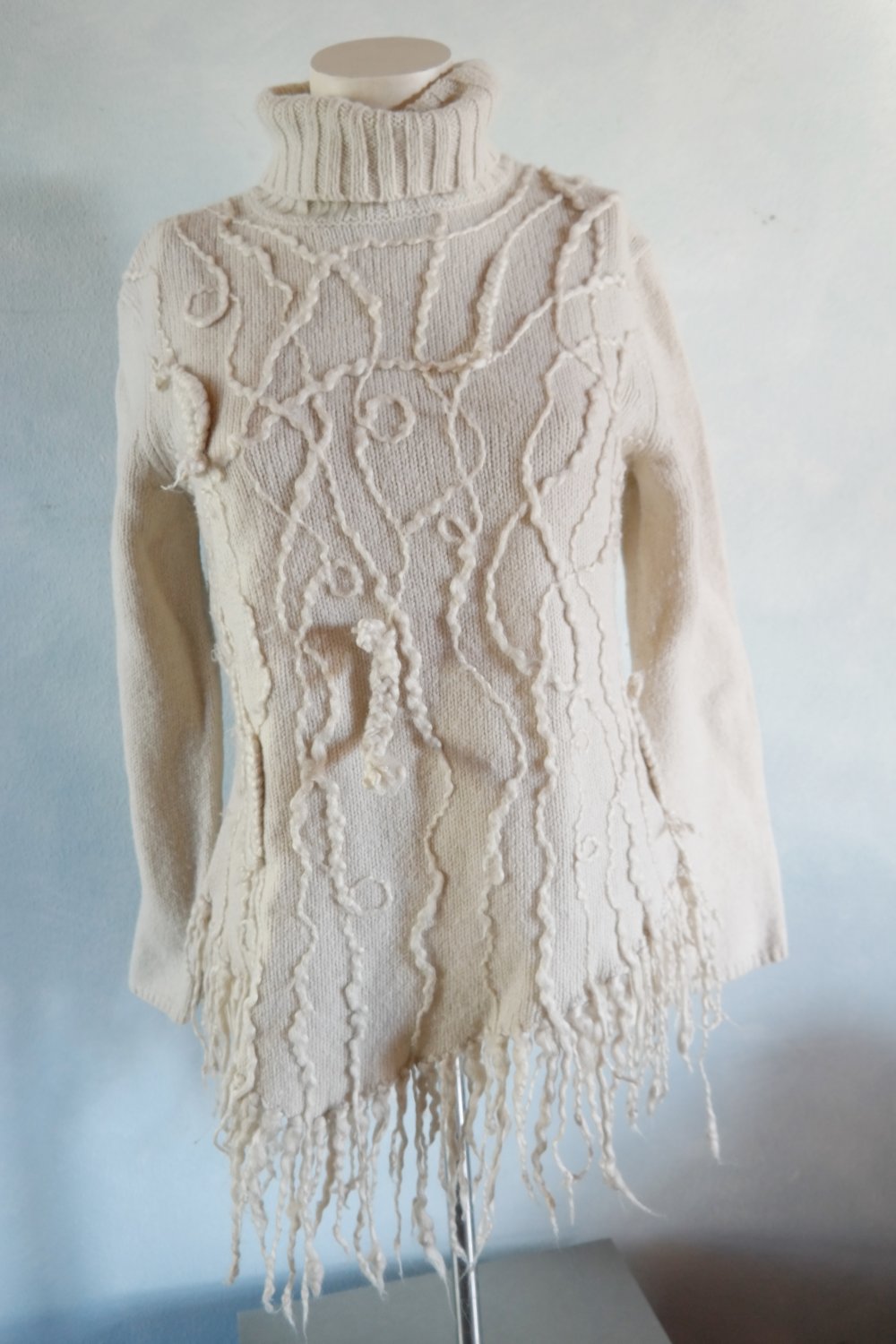 Laurel Wollpullover Fransen Hippie Rollkragenpullover weiß Schurwolle 40 L