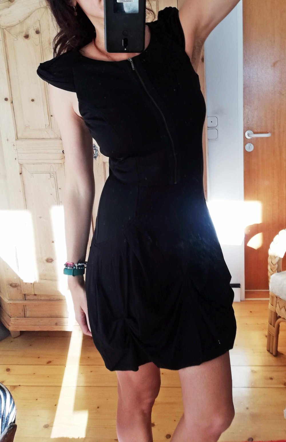 Biba Kleid Reißverschluss Ausschnitt variabel Raffung schwarz Cocktailkleid Flügelärmel XS 34 S 36 M 38