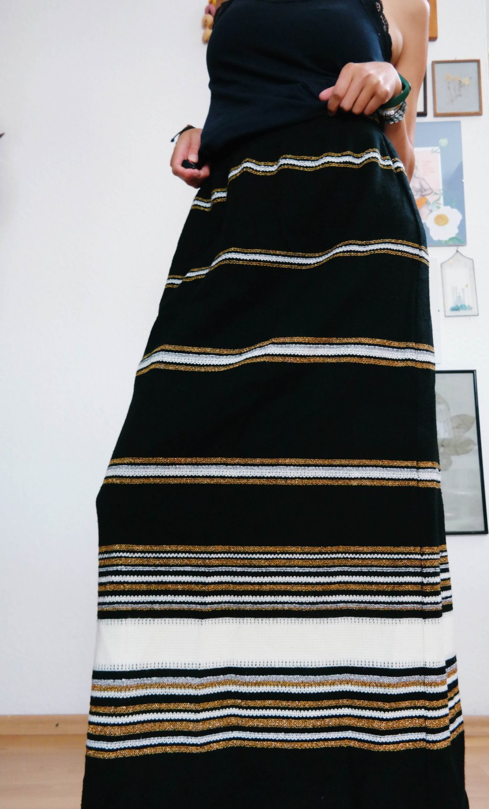 Vintage Maxirock Winterrock Stiefelrock Unikat Einzelstück M L 38 40 Stretch schwarz gold weiß Streifen