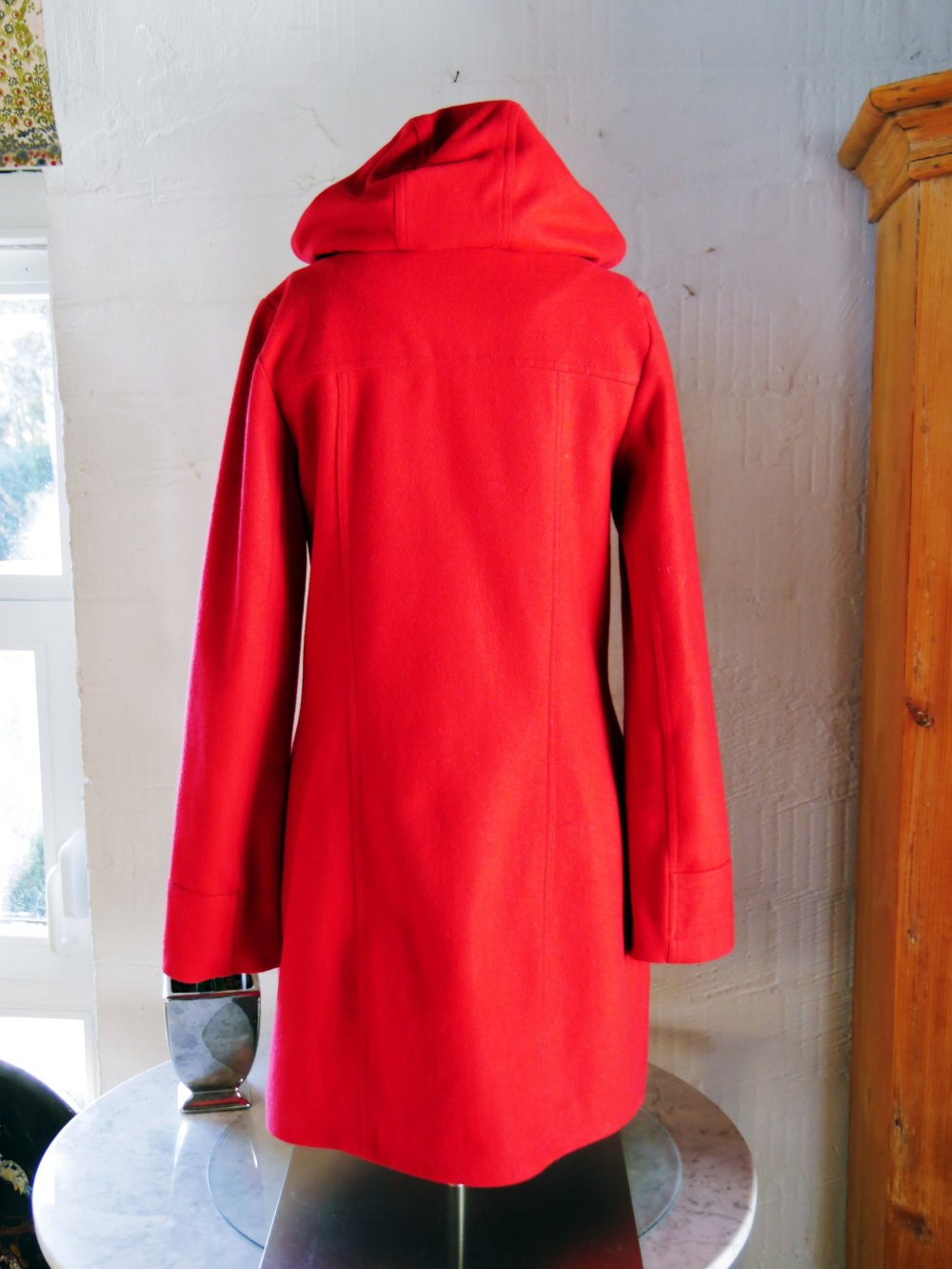 Review Wollmantel Dufflecoat Mantel Kapuze rot Wolle S 36 M 38