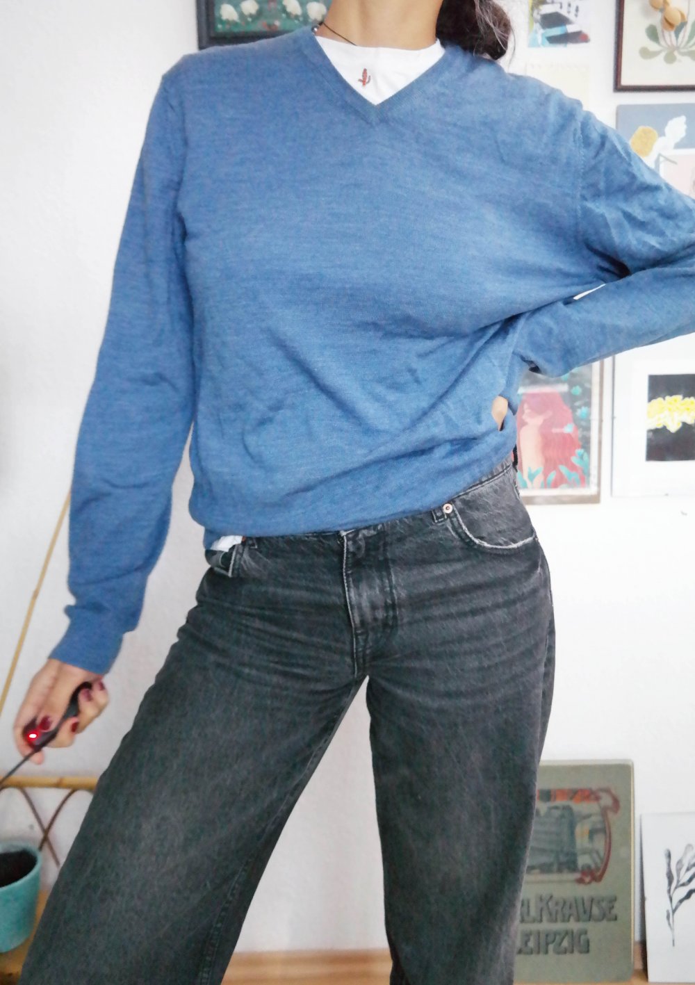 Rover & Lakes Pullover 100% Merino Wolle blau XL L V-Ausschnitt