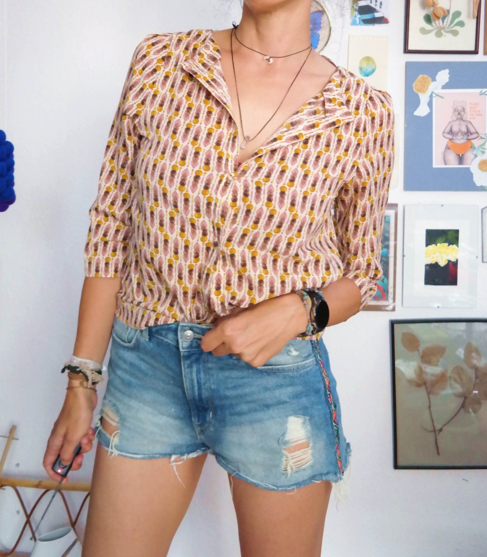 Handmade Bluse Hippie Ethno M 38 bunt 70er seidig Muster gemustert