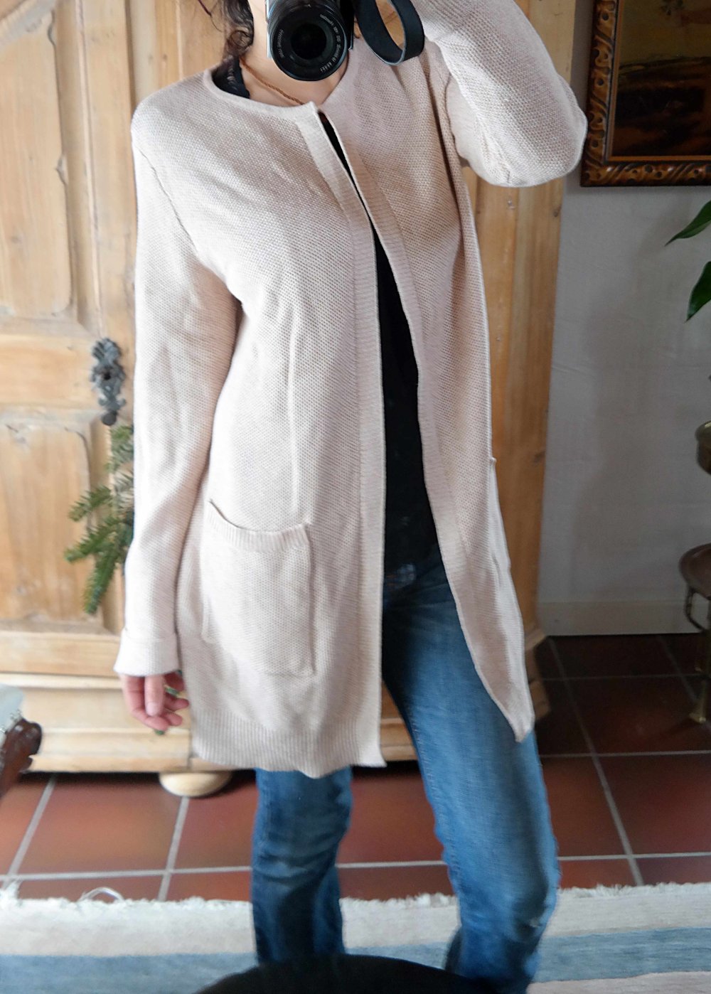 Longcardigan Strickjacke Cardigan lang Taschen beige sand M oversized L 38 40
