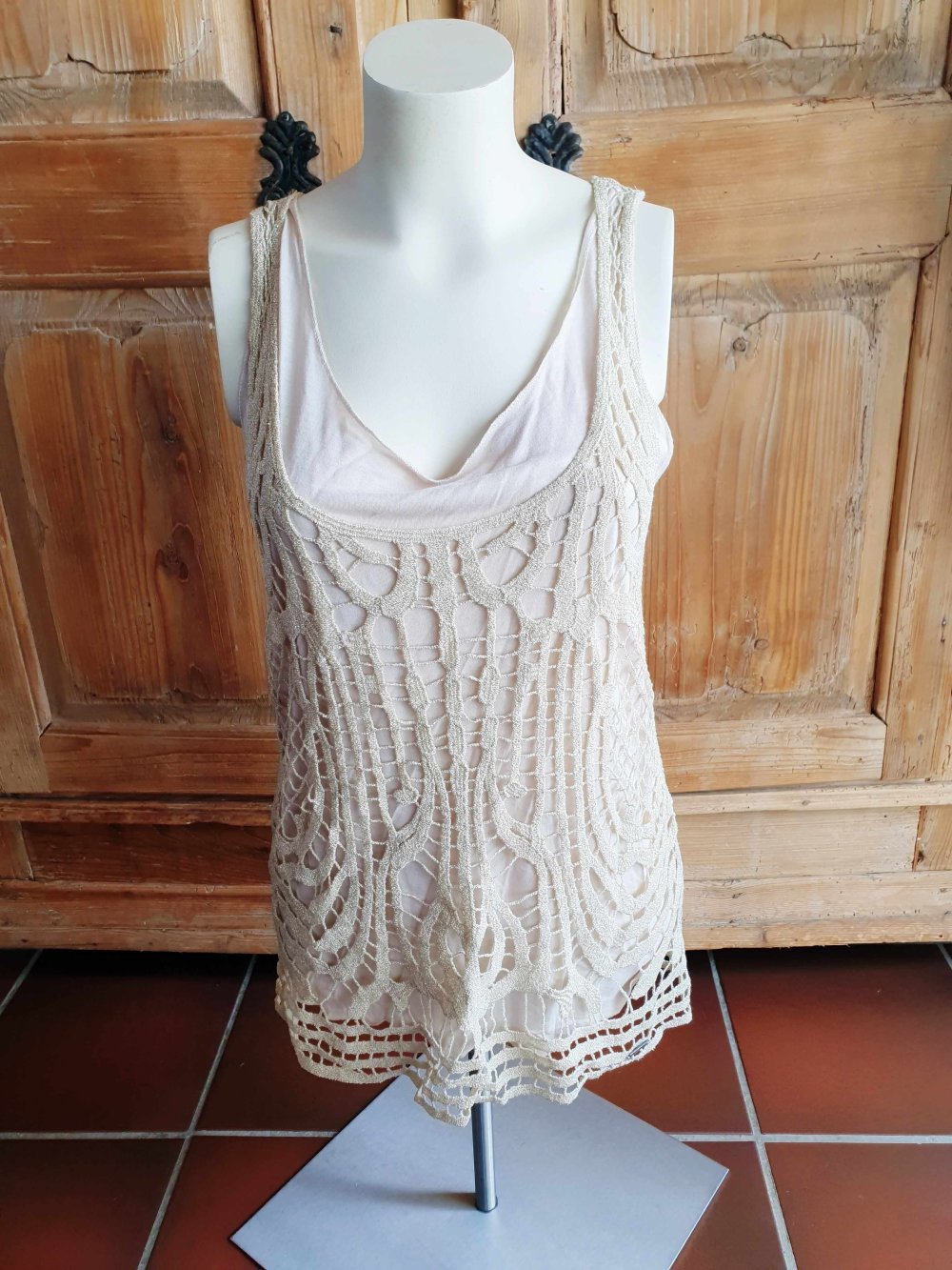 Guess Minikleid Tunika Top Spitze Häkelkleid Häkeltop Hippie Boho Gold Glitzer S 36