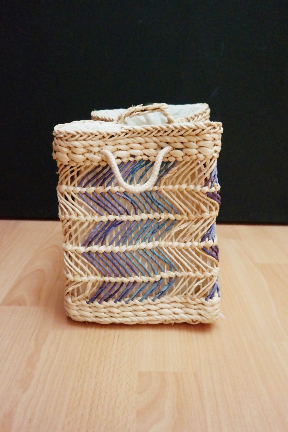 Mini Rucksack Korb geflochten Hippie Übertopf Blumentopf weiß beige blau