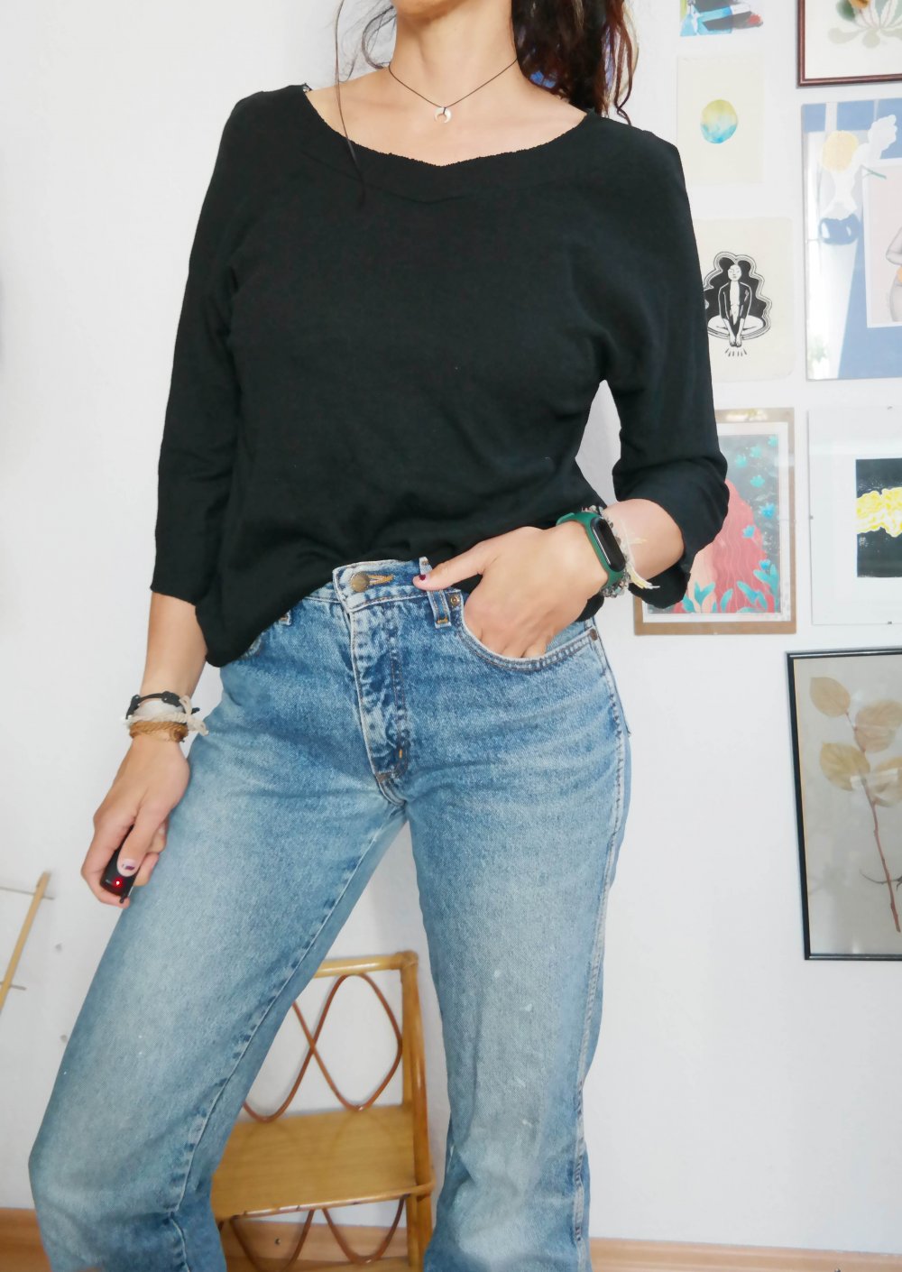 Handmade Pullover V-Ausschnitt schwarz Stretch Rippstoff L 40