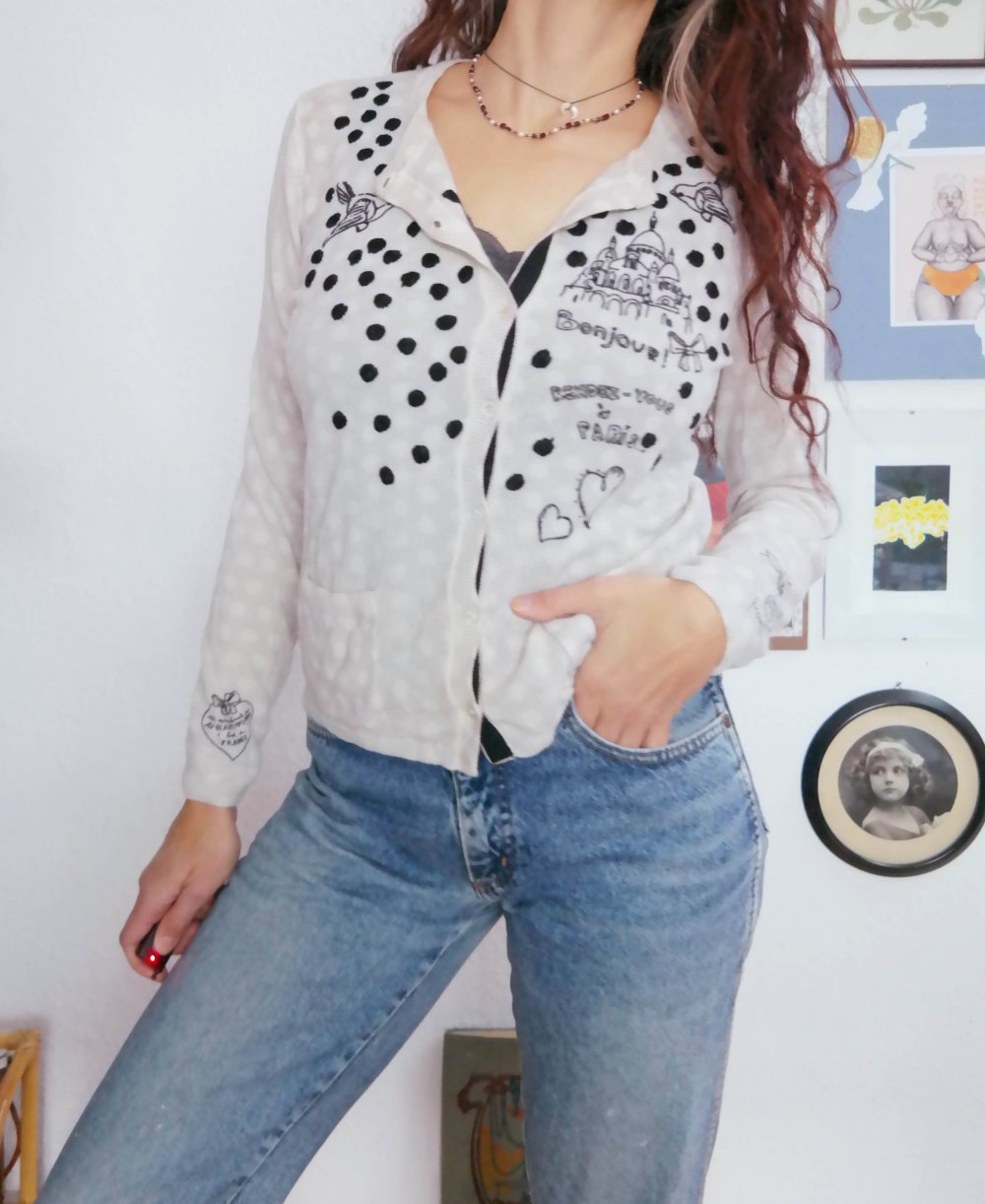 Nice Connection Paris NC Strickjacke Wolljacke Cardigan Strick Wolle Muster Punkte Vogel Schwalbe S 36 M 38